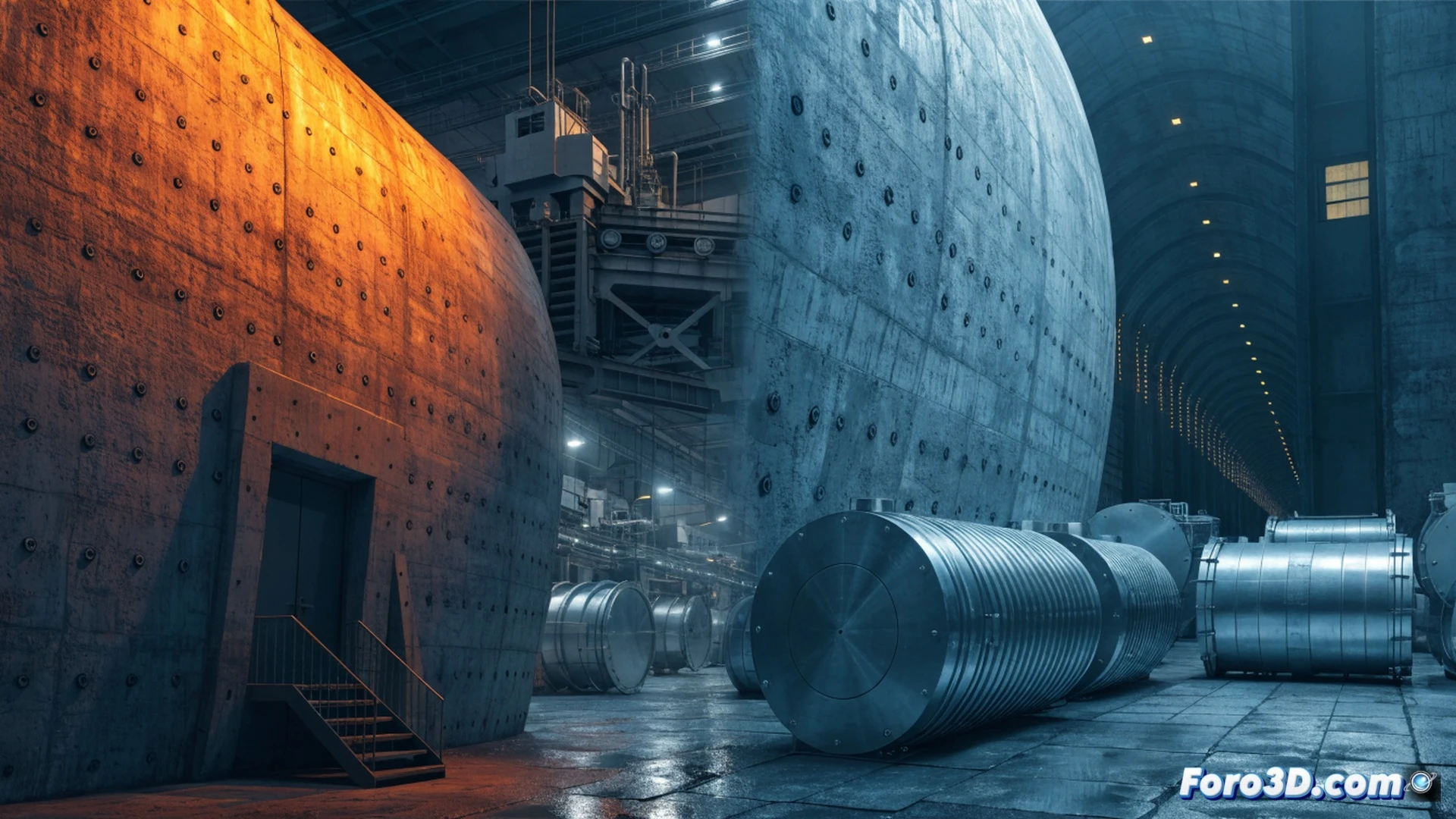 Cast steel nuclear waste container being unloaded from heavy transport vehicle at temporary storage facility, forklift positioning cask onto concrete pad, workers in hazmat suits monitoring radiation levels with handheld detectors, industrial lighting casting long shadows, grey overcast sky, reinforced concrete walls with ventilation ducts, warning signs on security fence, cinematic photorealistic technical illustration, high detail on metal surfaces and safety equipment, dramatic atmosphere emphasizing unresolved danger
