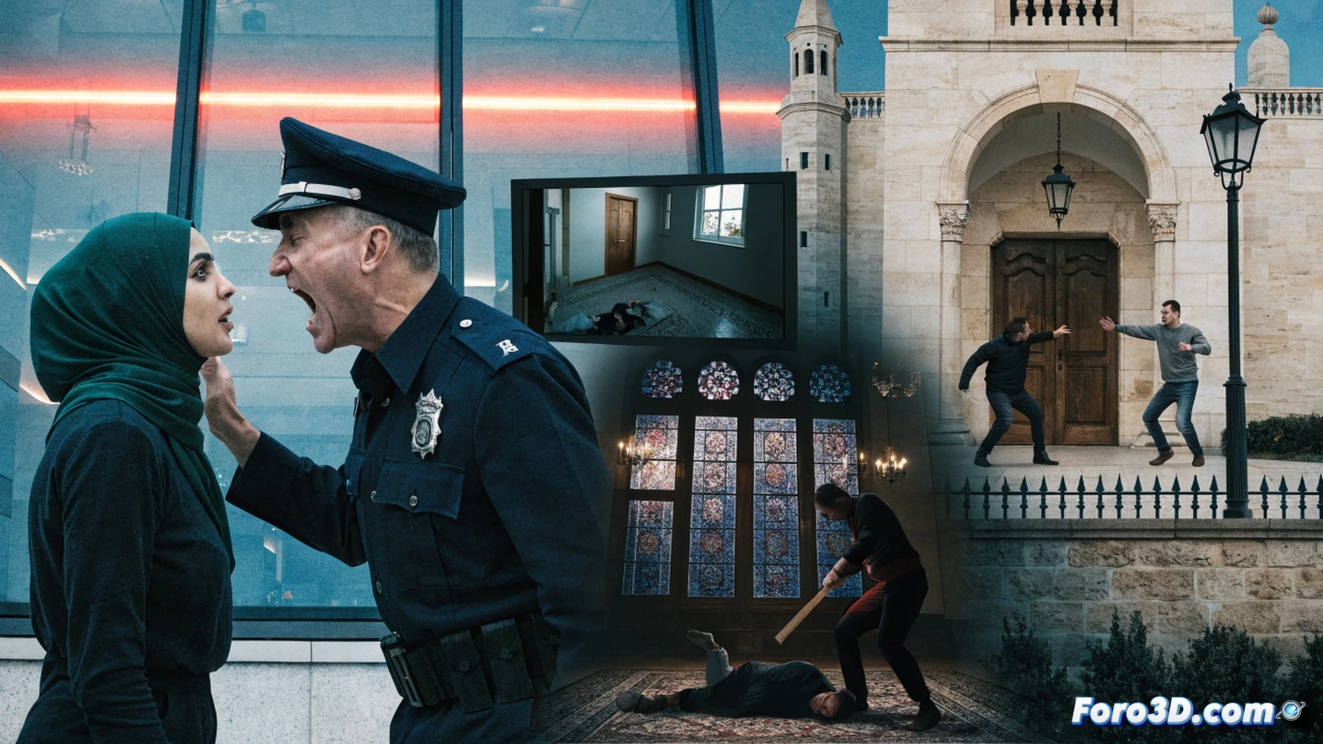 Cinematic photorealistic scene showing a damaged mezquita entrance with shattered glass door and broken stone steps, a Muslim woman in hijab standing in foreground with her hand touching the cracked window, police evidence markers and yellow crime scene tape visible, digital tablet held by an officer documenting damage with forensic light scanning the floor, scattered debris and torn pages from a Quran on ground, security camera mounted on wall with red blinking light, dramatic overcast lighting casting long shadows, dust particles floating in air, ultra-detailed architectural textures, realistic urban street setting, emotional tension conveyed through body language
