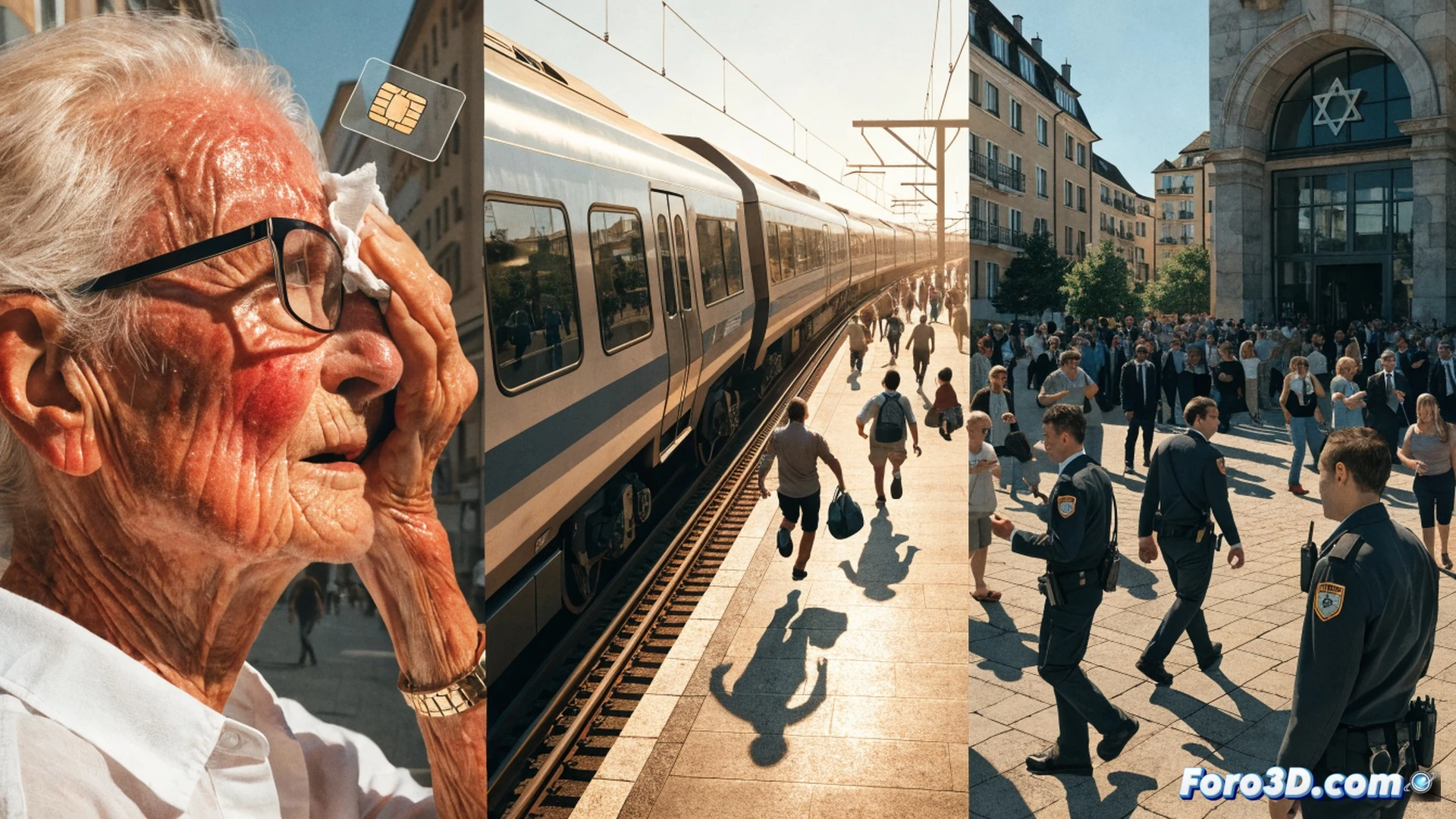 photorealistic scene of a crowded German train station platform at midday, passengers fanning themselves under a digital departure board showing multiple delays and cancellations, a elderly man clutching a pension document looking at a blurred clock, a young woman checking a smartphone displaying rising temperature icons, heat haze rising from the railway tracks, chaotic luggage scattered near a stalled ICE train, cinematic wide-angle shot, dramatic sunlight casting long shadows, sweat droplets visible on faces, distressed expressions, ultra-detailed textures of metal station roof and train windows, realistic industrial lighting, technical illustration style with engineering precision