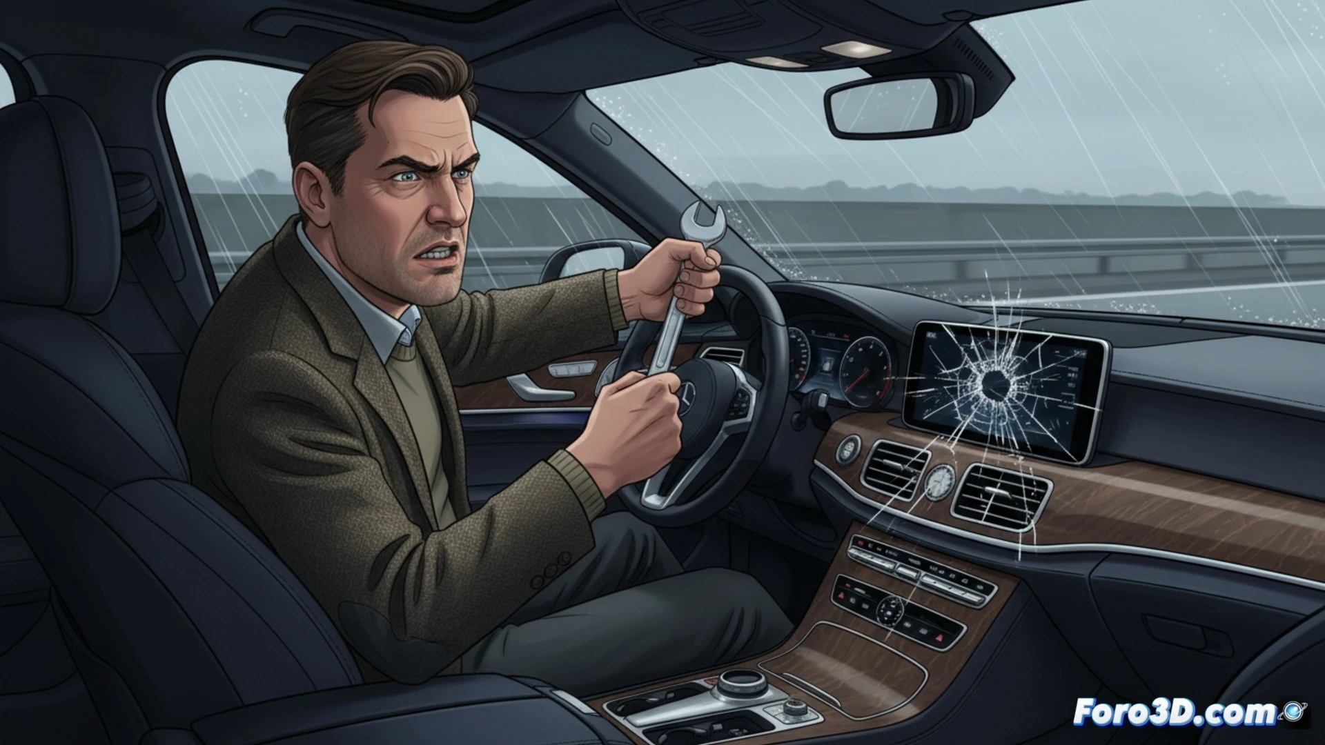 German car interior showing a frustrated driver reaching toward a large cracked digital dashboard screen, hand hovering over a blank black display where climate controls should be, while a physical rotary knob remains untouched on the center console, modern vehicle cabin with leather seats and ambient lighting, cinematic photorealistic engineering visualization, dramatic shadows highlighting the contrast between failed screen and surviving analog element, ultra-detailed plastic textures and reflective surfaces, moody industrial lighting emphasizing technological failure, technical illustration style