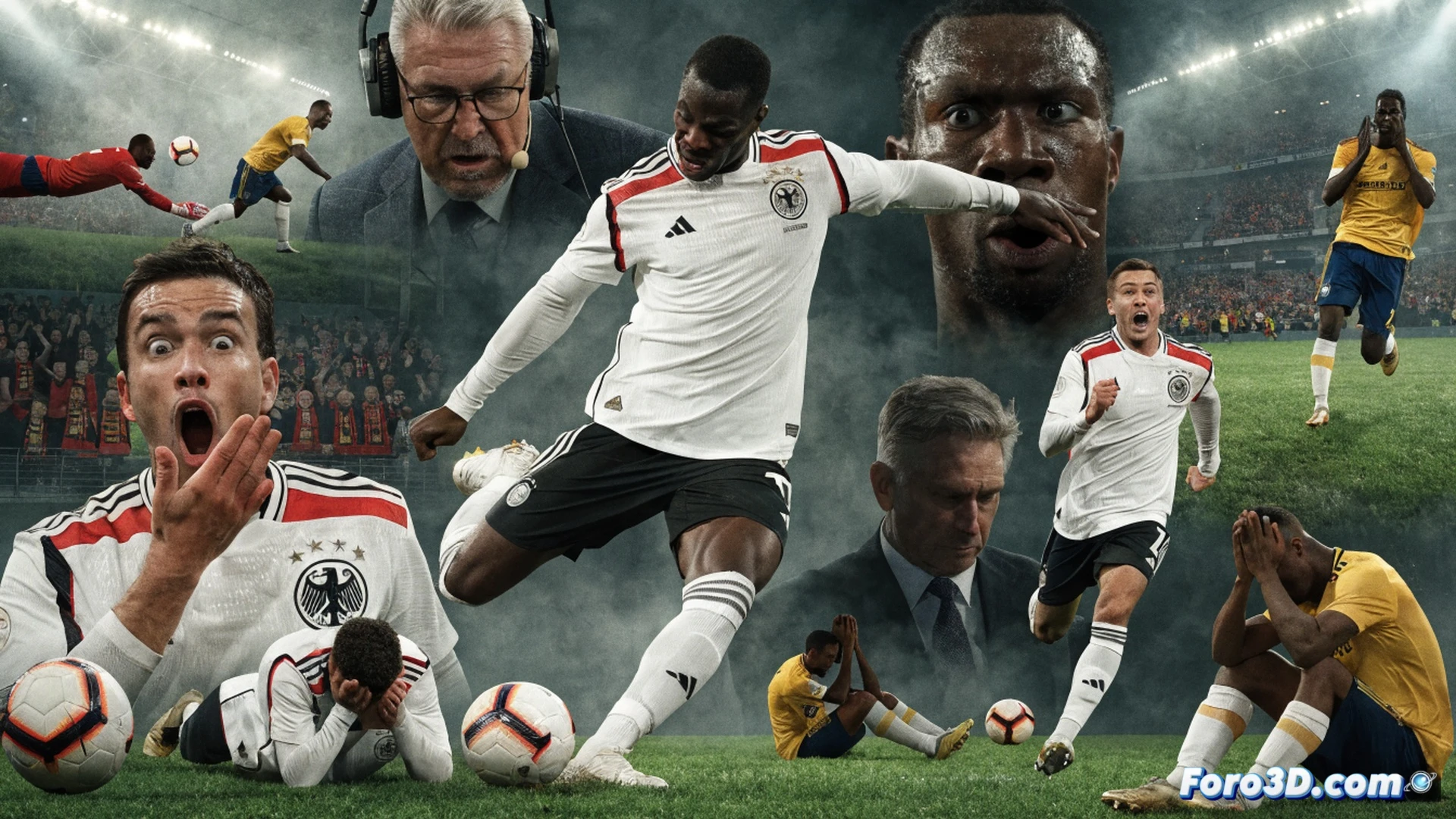 Costa de Marfil con camiseta naranja celebra un gol en el área, marcador 1-0 visible en el fondo del estadio, mientras Deniz Undav con camiseta blanca corre hacia el balón en el borde del área grande, reloj del estadio muestra minuto 88, sudor y césped volando, brazos de jugadores marfileños señalando el círculo central, cámara baja desde detrás del arco, iluminación de estadio nocturno con focos amarillos, photorealistic sports photography, alta definición, lente gran angular, profundidad de campo reducida, tonos verdes y naranjas saturados, dramatismo deportivo extremo.