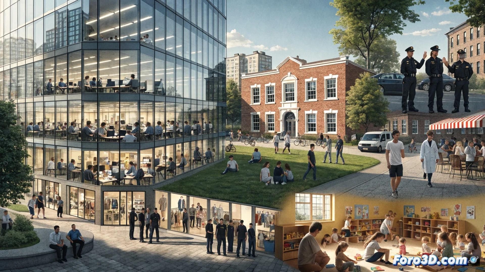 Photorealistic scene of a modern German school classroom and daycare center combined, young children learning at desks while a teacher assists a student with a tablet, another educator organizing colorful educational toys in the background, sunlight streaming through large windows, clean architectural lines, wooden furniture, diverse staff members in professional attire interacting with kids, detailed facial expressions showing attentive care, soft natural lighting, depth of field emphasizing action, technical illustration style with precise spatial composition, warm inviting atmosphere highlighting improved public service staffing