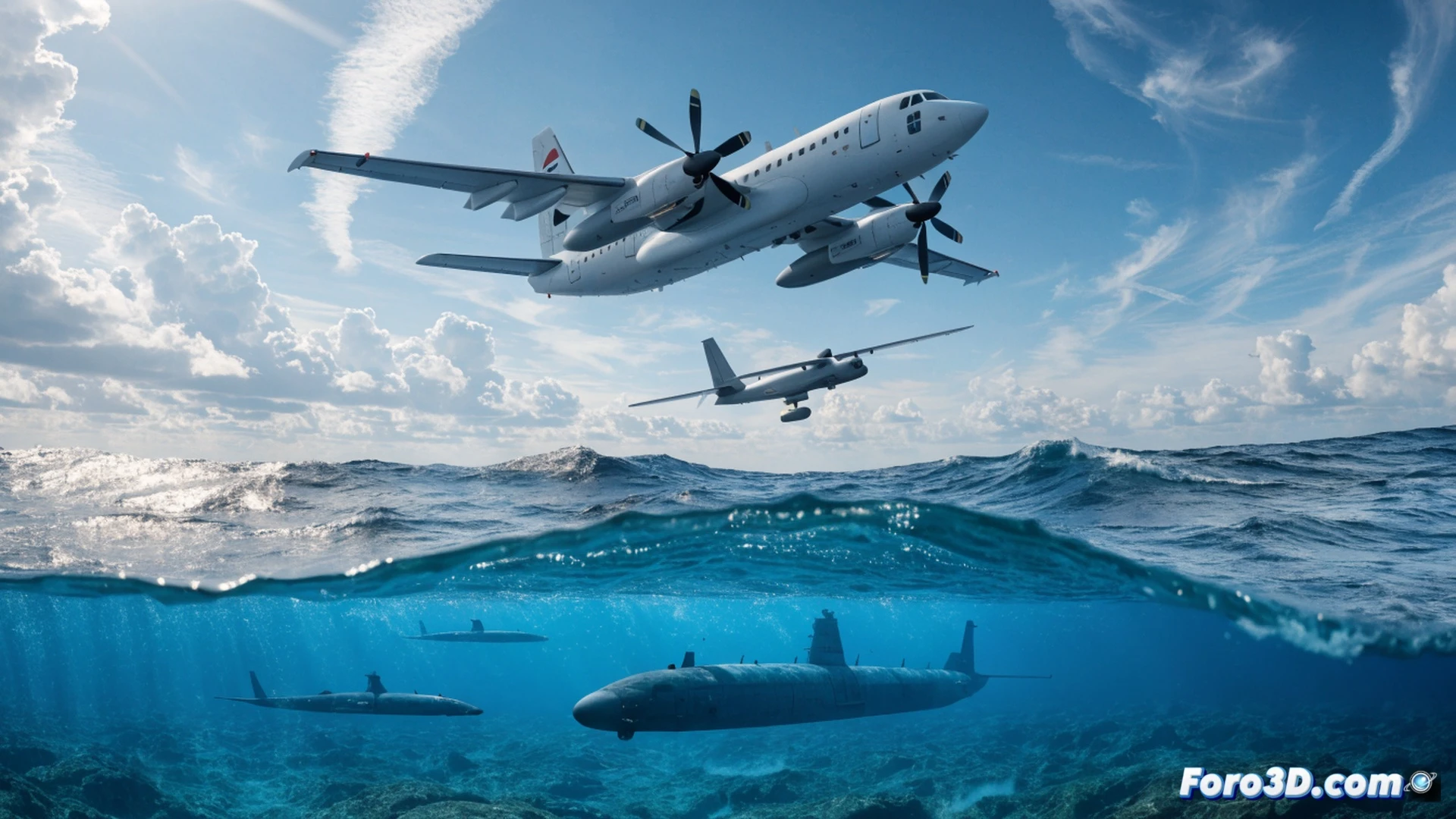 German Navy P-8 Poseidon maritime patrol aircraft flying over a stormy North Sea, MQ-9B SeaGuardian drone in the distance, both scanning the ocean surface with radar beams and sonobuoy drop patterns, a Russian submarine periscope barely visible breaking the water surface, realistic sonar data visualization glowing blue on cockpit displays, anti-submarine warfare action, cinematic photorealistic aerial combat scene, dramatic overcast sky, cold ocean waves, motion blur on propeller blades, ultra-detailed military hardware, high-tech surveillance equipment, tense operational atmosphere
