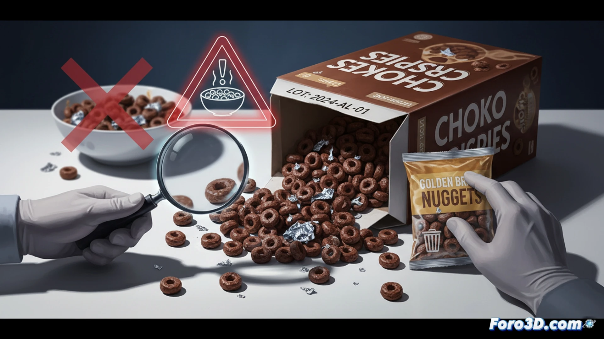 photorealistic technical illustration of a breakfast bowl with chocolate cereal pieces, a metallic magnifying glass hovering over one cereal revealing tiny silver aluminum fragments embedded in the chocolate coating, a digital inspection screen showing barcode scan and hazard warning symbol, laboratory tweezers extracting a shiny particle from a broken cereal, dramatic side lighting reflecting off metal surfaces, shallow depth of field focusing on the contamination detail, sterile white laboratory background with subtle blue safety gloves visible at frame edge, cinematic food safety inspection scene, ultra-detailed texture of chocolate and aluminum