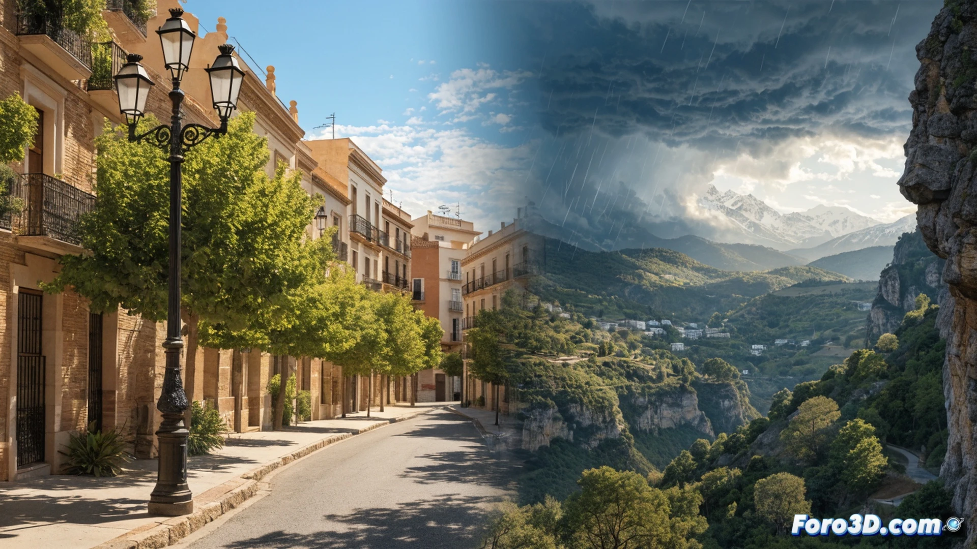 Andalusian landscape split diagonally by intense sunlight and dark storm clouds, thermometer displaying 39 degrees Celsius melting under heatwaves while lightning bolts strike near olive groves, digital weather map overlay showing yellow warning zones, people seeking shade under trees with water bottles, umbrellas flipping in sudden gusts, cinematic photorealistic visualization, dramatic chiaroscuro lighting contrasting scorched earth with rain puddles, hyperdetailed cloud formations, technical meteorological illustration with isobar lines faintly visible on horizon