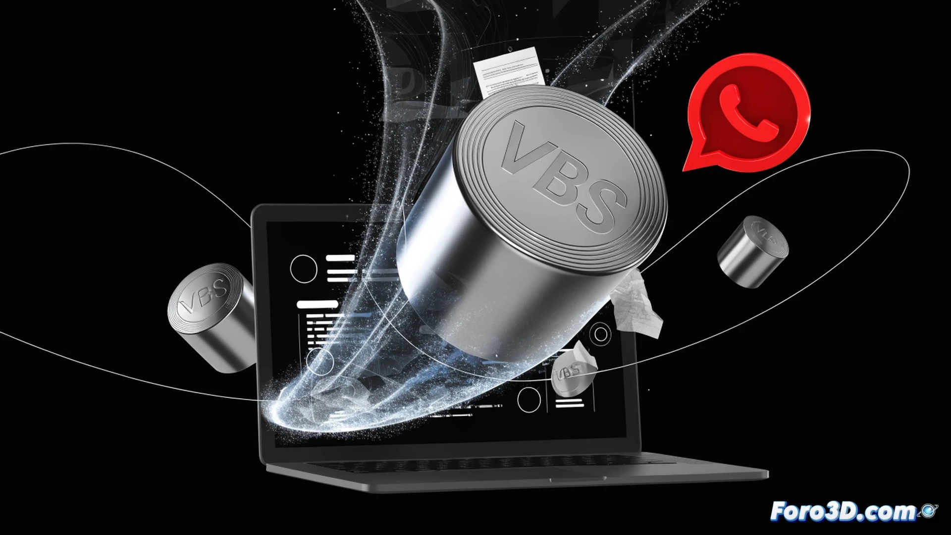 malware-infected VBS file icon on a Windows desktop showing a fake invoice, cursor hovering over it ready to click, while a shadowy hacker silhouette appears on a dark monitor in the background, command prompt window open with malicious code executing, chains of data flowing from WhatsApp interface to the PC motherboard, cinematic cybersecurity visualization, dramatic red alert lighting, photorealistic technical illustration, glowing threat indicators, ultra-detailed hardware and software elements, high contrast shadows