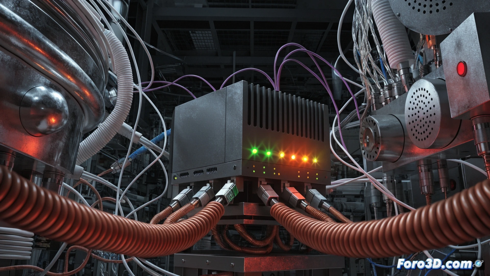 cinematic photorealistic scene of a Lantronix EDS5000 industrial router mounted on a server rack in a critical infrastructure control room, glowing red alert indicator on its front panel, digital lock icon being cracked by a glowing cyberattack chain from a laptop screen, network cables transmitting pulsing red data streams toward a power grid monitor showing voltage spikes, while an engineer in safety vest urgently reaches for a patch cable, dramatic blue-red emergency lighting, ultra-detailed PCB traces visible through transparent casing, high-contrast technical illustration style