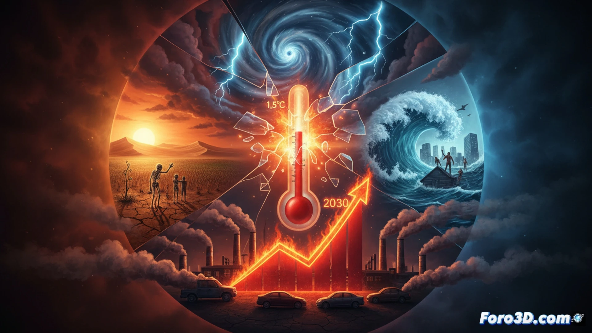 photorealistic technical illustration of a cracked digital thermometer crossing 1.5 degrees Celsius, a human hand pressing an emergency stop button on a glowing industrial control panel, red warning lights reflecting on the surface, while a city skyline shimmers under an intense heatwave haze in the background, during a moment of urgent action, cinematic lighting with dramatic shadows, ultra-detailed metallic textures on the panel and broken glass on the thermometer, glowing emissions data lines fading into smoke, engineering visualization style