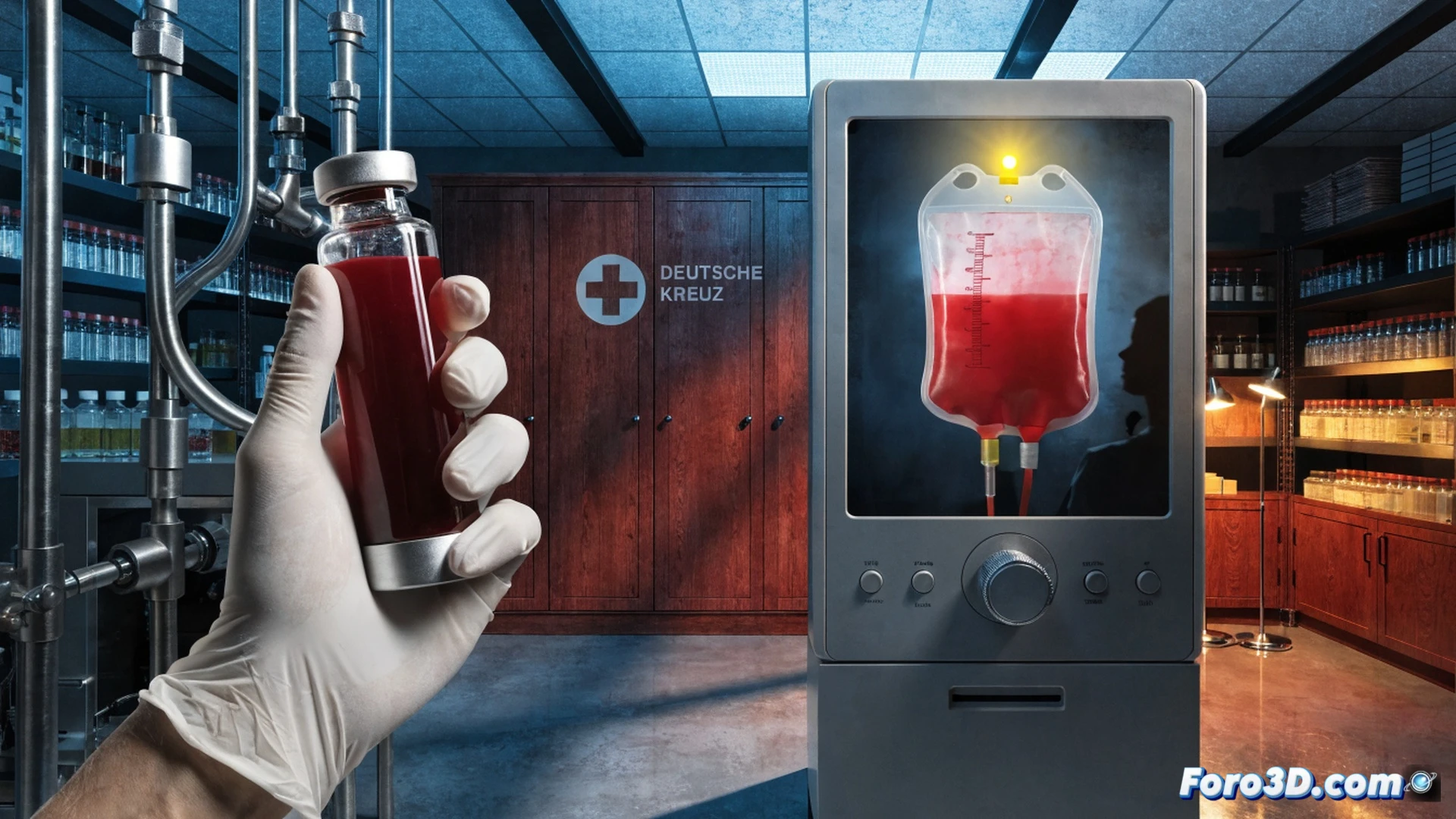 photorealistic scene of a hospital blood bank storage room, empty blood bags hanging on racks while a single bag remains on a shelf, a medical technician holding an empty donation kit with concerned expression, sunlight streaming through a window showing summer heat haze outside, red cross logo on wall, sterile white environment, cold storage unit in background with warning lights blinking, dramatic contrast between bright outdoor light and dim indoor storage, cinematic composition, shallow depth of field, urgent atmosphere, detailed medical equipment, realistic textures on glass bottles and metal shelves