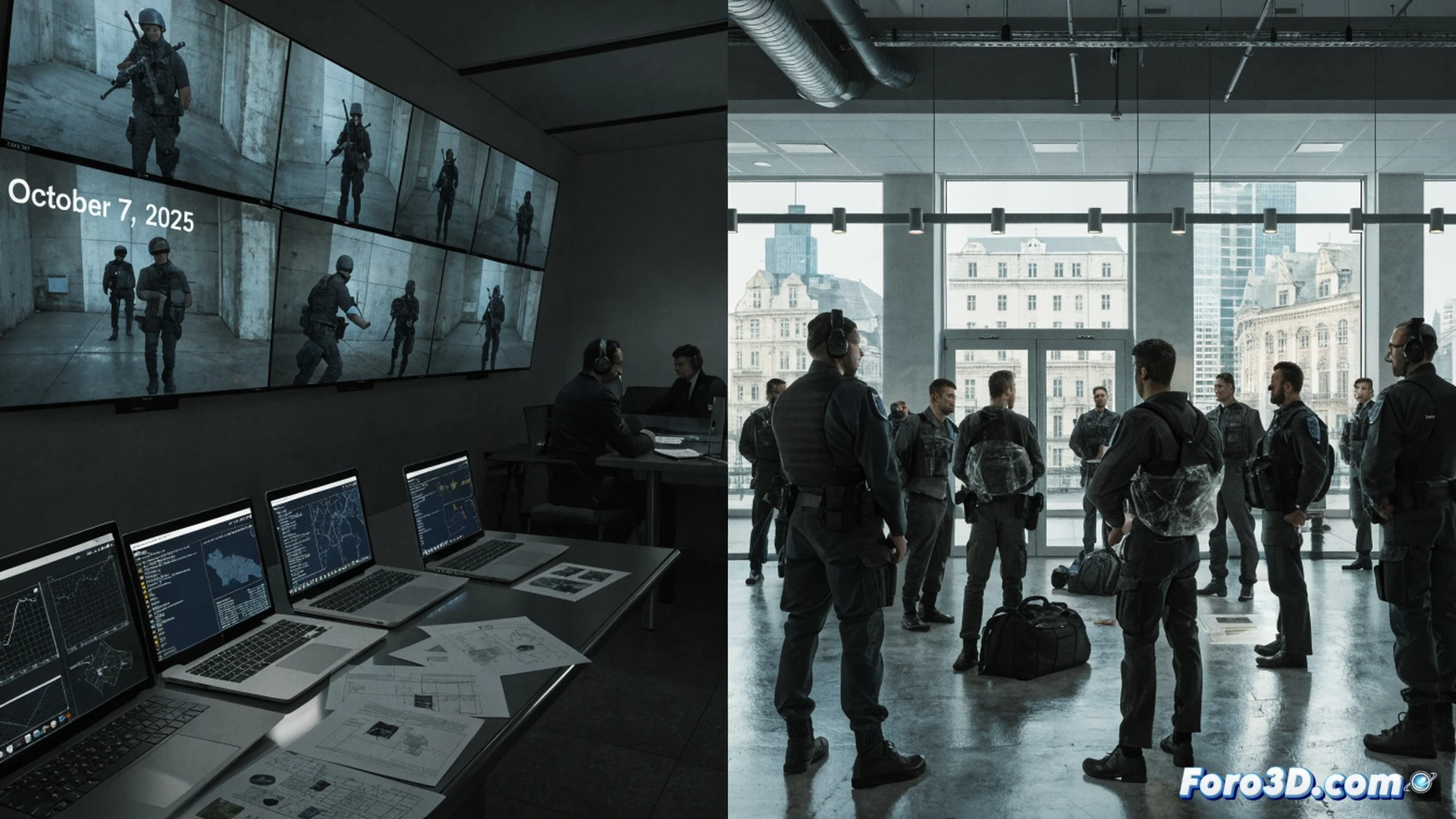 nighttime urban surveillance scene, European intelligence agents monitoring multiple screens showing encrypted communication logs and weapon cache coordinates, three suspects being arrested near a van loaded with hidden firearms, cinematic photorealistic style, dark blue and amber lighting, tactical gear visible, motion blur on handcuffs, digital map of Europe with threat indicators, high-tech command center in background, ultra-detailed facial expressions of agents, dramatic shadows, realistic security footage aesthetic