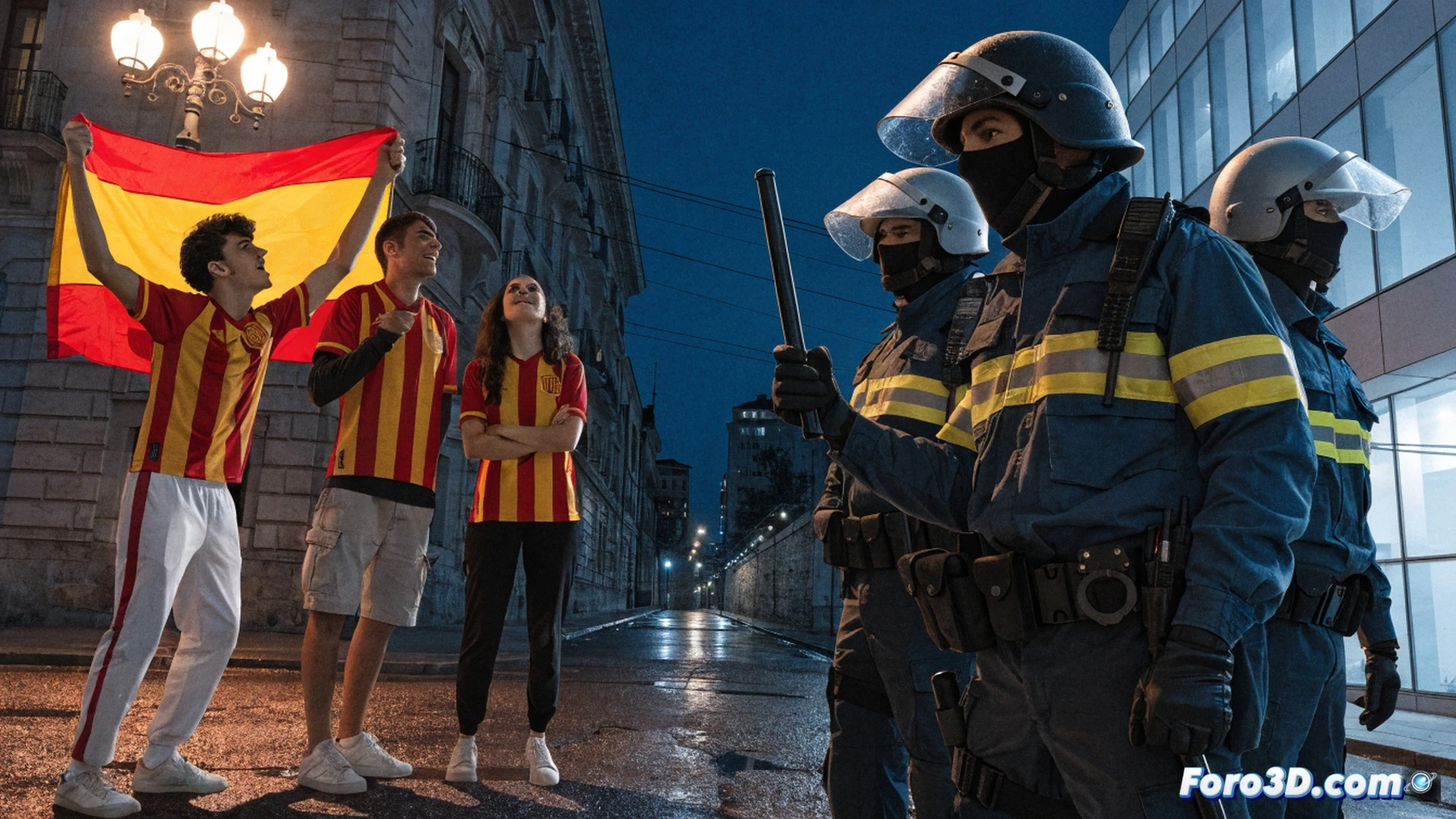 urban street scene at dusk in Basque Country, three men in dark hoodies surrounding a lone person wearing a Spanish national team jersey, one attacker grabbing the jersey fabric while another raises a fist, victim backing against a wall with protective stance, security surveillance camera visible on lamppost overhead, CCTV monitor reflection in a shop window showing the assault, cinematic photorealistic style, gritty realism, dramatic shadows from streetlights, motion blur on attacking arms, high-contrast lighting emphasizing tension, ultra-detailed textures of brick wall and asphalt, forensic documentation aesthetic