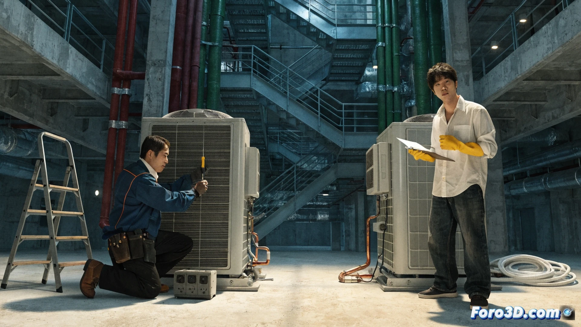 Japanese air conditioner outdoor unit being inspected by a suspicious technician in dark coveralls, fake clipboard with hidden digital screen showing inflated charges, customer watching through window with worried expression, tool bag open revealing generic parts and a hidden card skimmer device, digital price display on van flickering between low initial price and high final total, cinematic photorealistic style, dramatic shadows from evening streetlight, condensation dripping from copper pipes, warning sticker peeling off unit, ultra-detailed mechanical components, tense atmosphere