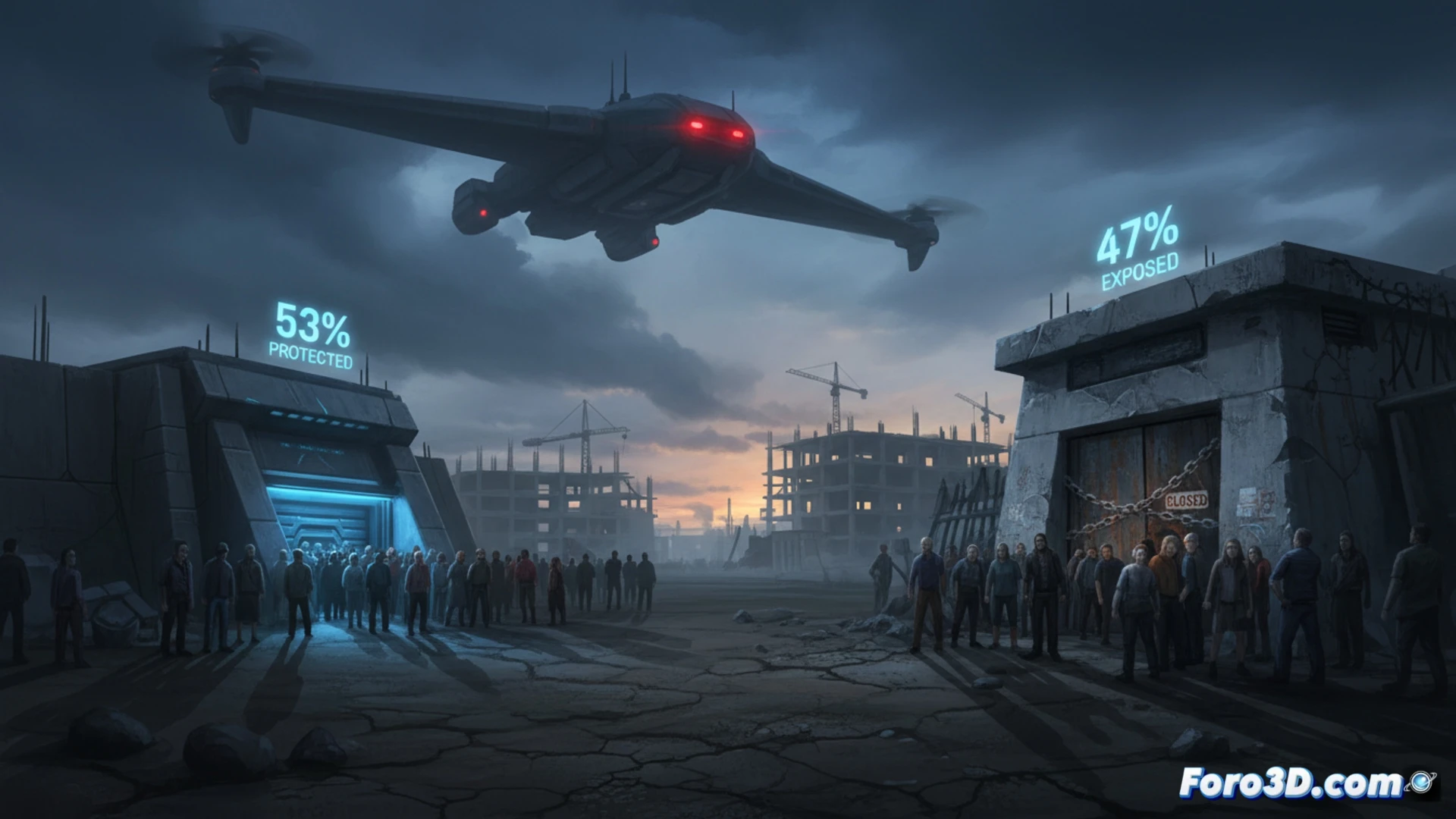 Photorealistic cinematic scene of a concrete bunker door sealed with rusted chains and padlock, a distressed woman pressing her hands against the thick metal surface while a digital map on a tablet shows 47% of city shelters marked red as inaccessible, emergency broadcast siren lights flashing red on a nearby pole, cracked asphalt ground, abandoned bicycle leaning against the wall, technical engineering visualization with structural reinforcement beams visible, cold grey concrete texture, dramatic overcast lighting, high contrast shadows, ultra-detailed metal corrosion and warning signage, photorealistic architectural render