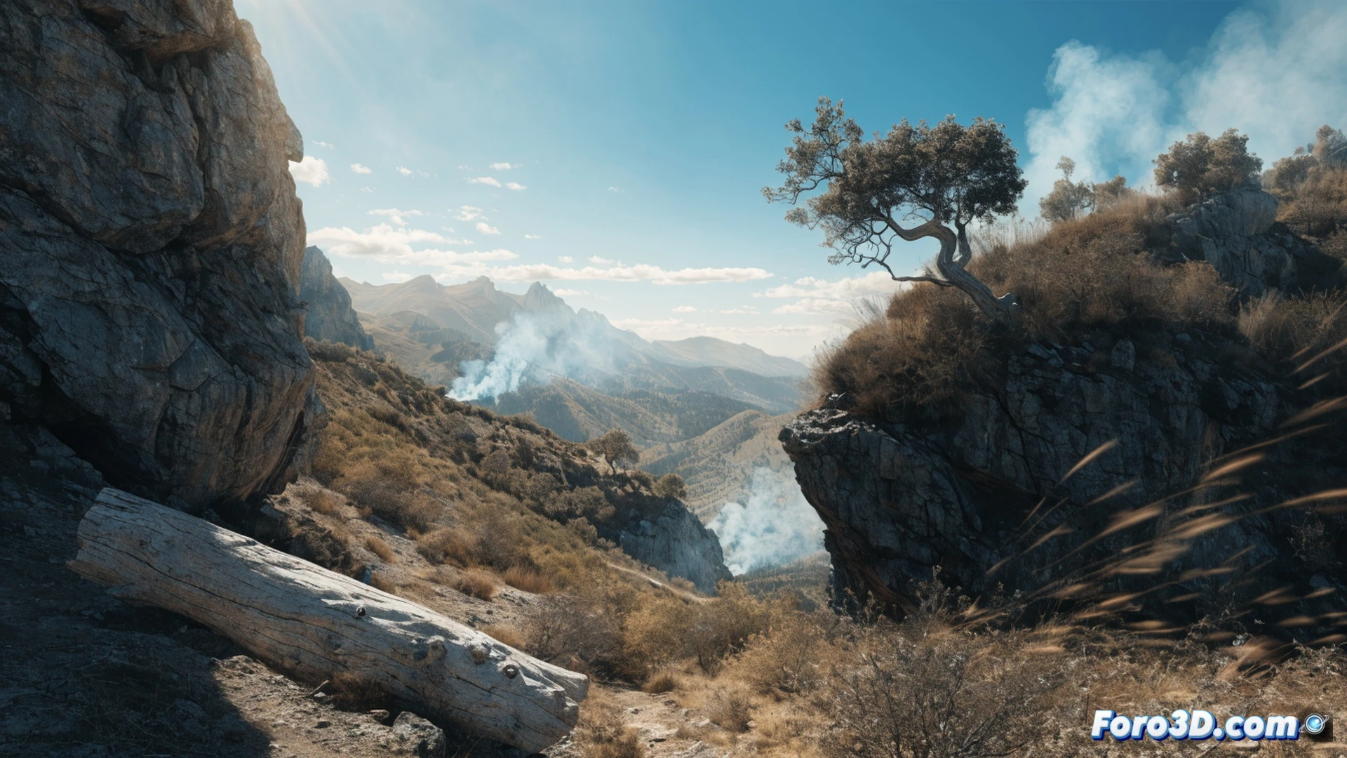 arid forest landscape under intense orange sky, dry pine trees with cracked bark, small smoke plume rising from a distant hillside, wildfire danger sign with glowing red triangle and lightning bolt symbol, windswept dry grass bending southward, heat haze distorting the horizon, no people or vehicles visible, cinematic photorealistic style, dramatic harsh sunlight, high contrast shadows, ominous atmosphere, ultra-detailed vegetation and terrain textures, environmental warning scene