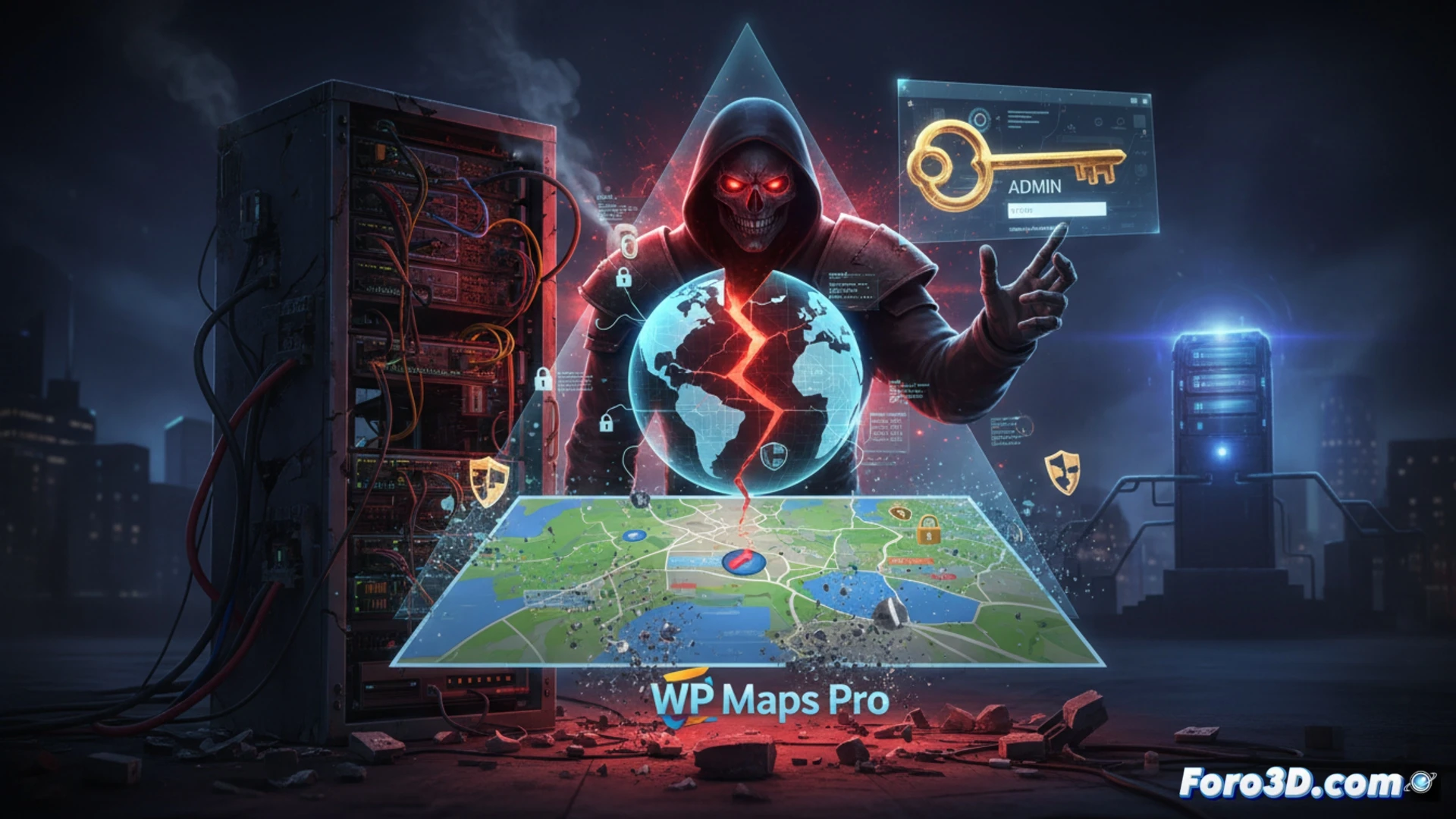 WordPress admin panel screen showing WP Maps Pro plugin interface, glowing red warning symbols over map marker icons, a hooded figure silhouette reflected in the monitor glass while multiple new admin user profiles appear rapidly in the user list, keyboard with highlighted update button being pressed urgently, cinematic cybersecurity visualization, dark server room background, blue and red alert lights casting dramatic shadows, data streams flowing from map database into external servers, photorealistic technical illustration, high contrast lighting, intense action scene of digital intrusion