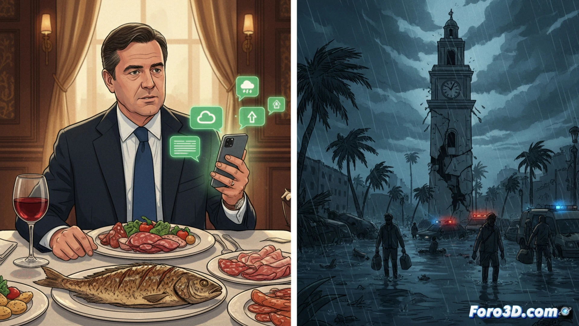 Cinematic scene showing a smartphone screen glowing on a restaurant table, WhatsApp chat interface visible with urgent messages about a flooded metro station and submerged car inspection facility, half-eaten plate of food pushed aside, blurred background of a busy restaurant interior with people ignoring the phone, dramatic contrast between casual dining and emergency alerts, photorealistic technical illustration, warm ambient lighting contrasting with cold blue phone glow, shallow depth of field focusing on the phone screen, tense atmosphere, ultra-detailed digital interface elements, realistic reflection on glass screen