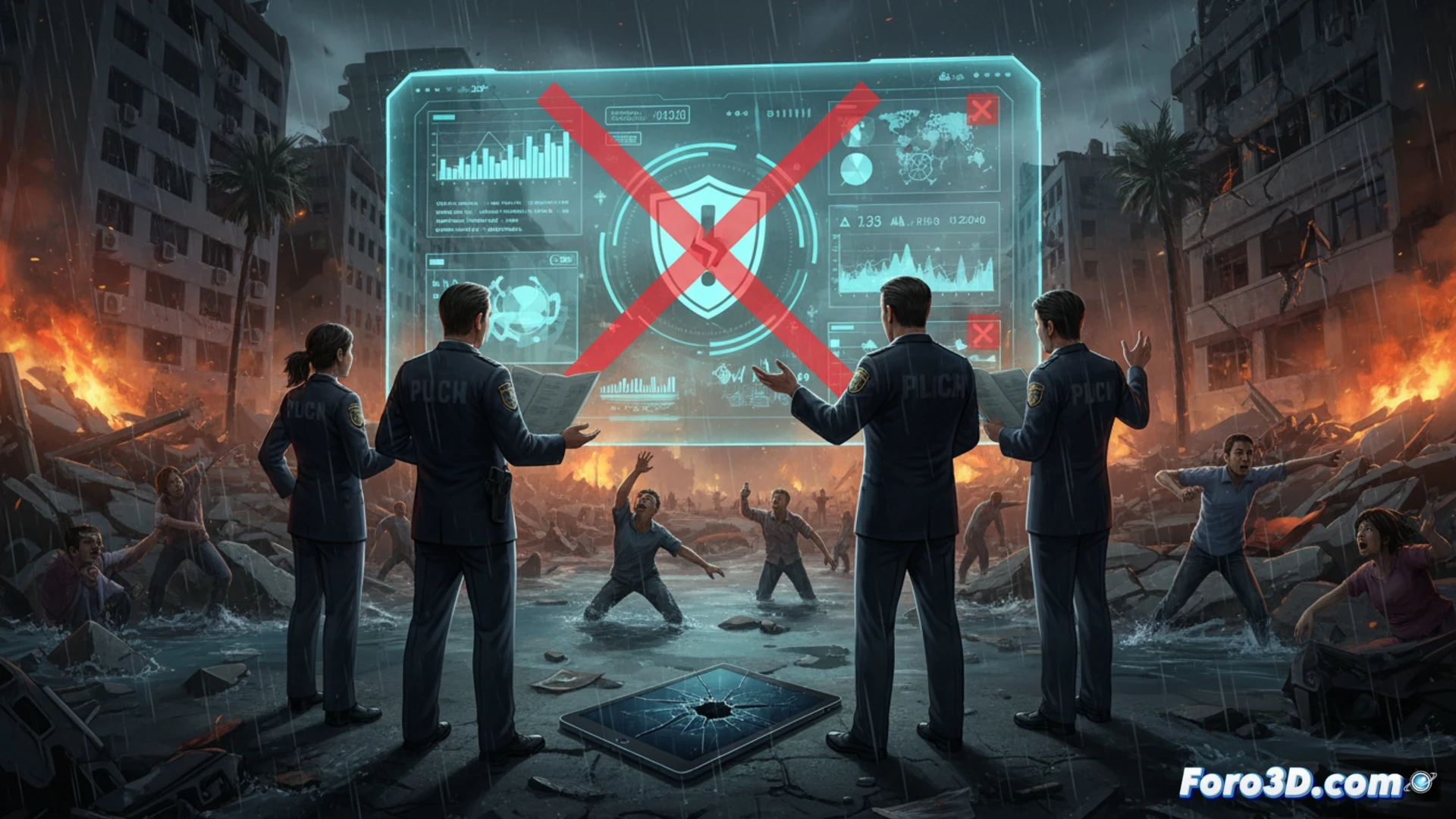 Emergency control room during crisis, multiple monitoring screens displaying real-time data streams and warning alerts in red, a single untouched emergency button on a clean desk, empty chairs around a conference table with half-eaten plates and wine glasses, data cables disconnected from servers, dust gathering on keyboard, cinematic technical illustration, photorealistic industrial lighting, dark blue and red ambient glow from screens, cold sterile atmosphere, abandoned workstation, high-tech equipment neglected, dramatic shadows, ultra-detailed hardware components, crisis management visualization