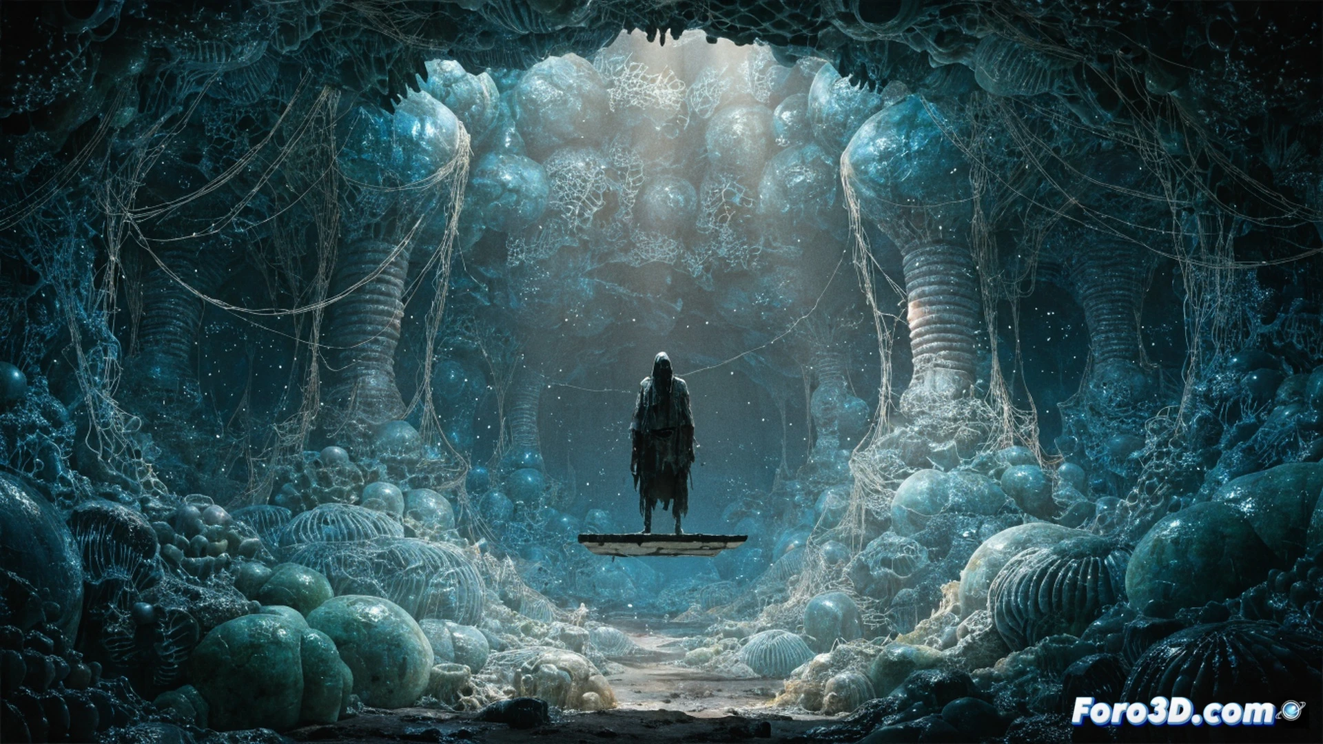 lovecraftian cosmic horror scene, a humanoid figure with twisted anatomy kneeling before a colossal organic machine pulsating with sickly green bio-luminescence, tentacle-like cables burrowing into the figure skull while nervous system neural pathways glow under translucent skin, animated adult film production style, cinematic 3D render, dramatic chiaroscuro lighting casting deep shadows, hyper-detailed mechanical and organic fusion textures, surrealist body horror, action of madness spreading through glitching digital particles, ultra-realistic animation quality