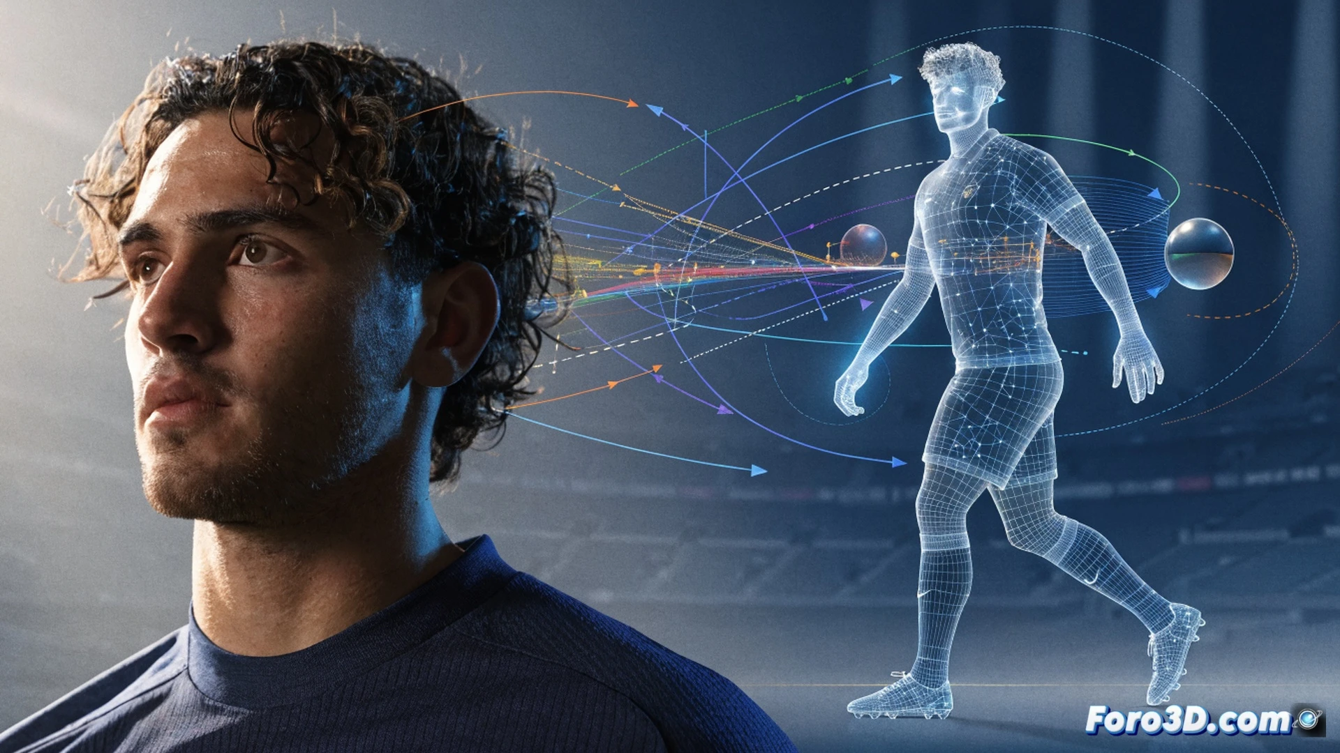 futbolista en acción girando para recibir pase, líneas de movimiento y zonas de presión generadas por software de rastreo 3D, modelo semitransparente del cuerpo mostrando rotación de cadera y campo visual ampliado, datos tácticos superpuestos como cuadrícula de espacio y trayectorias curvas, estadio con césped iluminado, visualización técnica de ingeniería deportiva, estilo cinematic photorealistic con brillos metálicos y sombras dinámicas