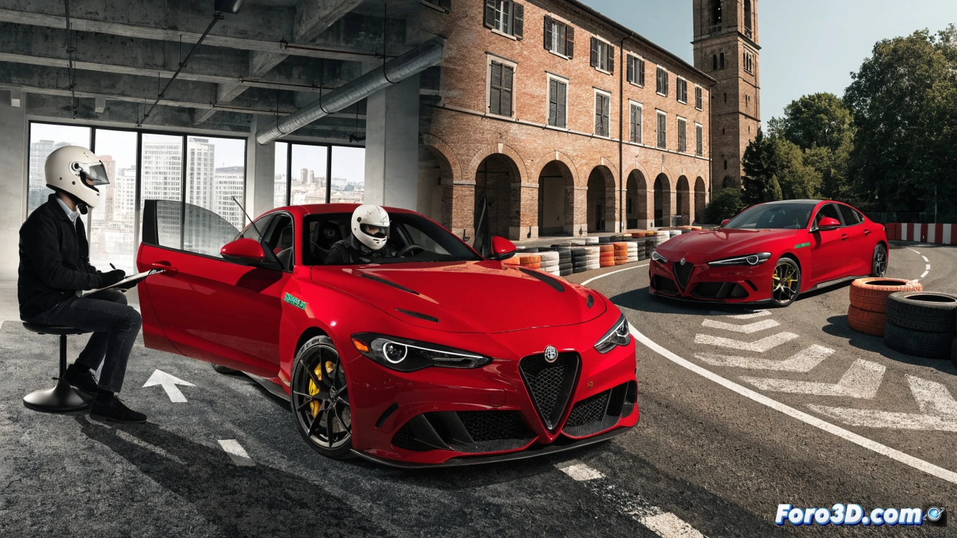 Alfa Romeo Quadrifoglio verde brillante derrapando en curva cerrada de asfalto húmedo, neumáticos traseros humeantes marcando trayectoria, instructor en asiento del copiloto señalando punto de frenado, volante girado a contraviraje, cockpit con detalles de fibra de carbono y costuras verdes, conos naranjas en pista, fondo de colinas de Parma al atardecer, luz dorada rasante, estilo cinematic photorealistic, acción dinámica de conducción deportiva, reflejos metálicos en carrocería