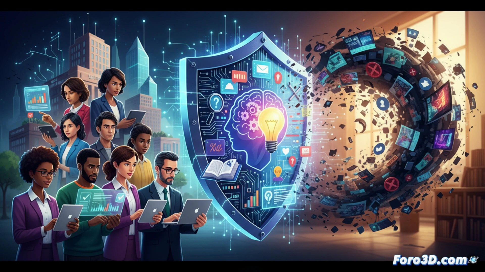 Photorealistic digital literacy scene, a human hand holding a magnifying glass over a glowing smartphone screen, magnified area revealing a fake news headline being crossed out by a red verification checkmark, background showing a chaotic digital swamp of floating social media icons and blurred rumor bubbles dissolving into dust, while a second hand types on a laptop keyboard with a browser tab open to a fact-checking database, dramatic blue and orange lighting contrasting truth and falsehood, ultra-detailed screen textures, cinematic composition, modern tech interior with soft bokeh lights