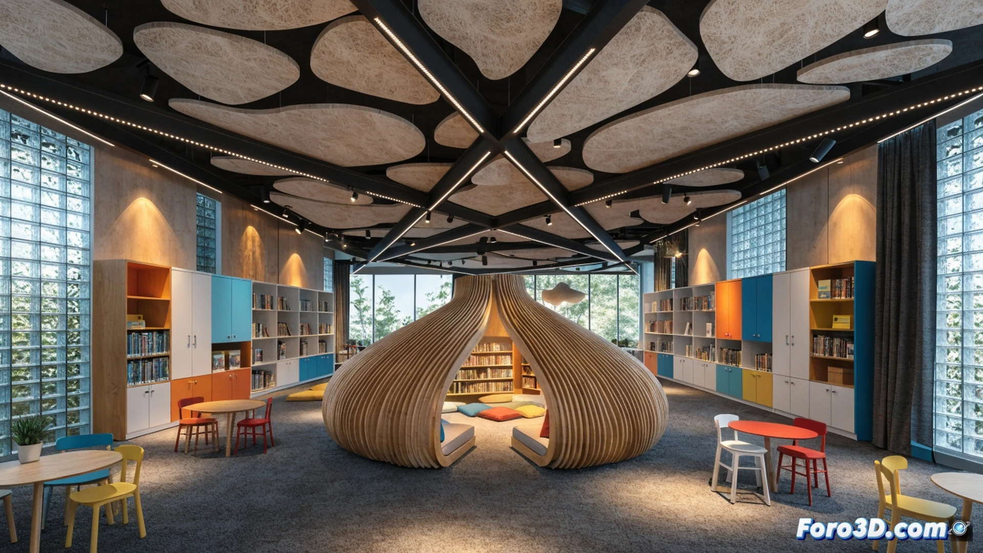 children gathered around a bright orange reading sphere inside a 140m² library, sunlight streaming through large windows onto wooden shelves, a storyteller holding a colorful book while animated puppets float above, kids sitting on modular foam cubes, one child pointing at a holographic book projection, technical architectural visualization, warm wooden textures, soft LED lighting, modern minimalist furniture, photorealistic interior render, cinematic depth of field, clean geometric lines, educational atmosphere, vibrant primary colors on books and cushions, wide-angle lens perspective showing the full space with reading nooks and activity zones