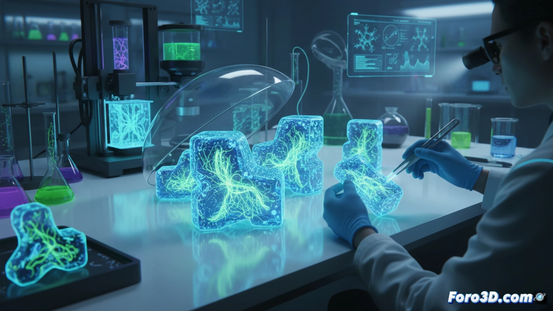laboratory scene showing a 3D bioprinter extruding a translucent green gel matrix embedded with glowing blue-green microalgae, the printed structure forming a small dome-shaped lamp, a scientist wearing nitrile gloves adjusting a nutrient drip system connected to the printed material, a digital monitor displaying oxygen and light intensity readings, soft ambient bioluminescence emanating from the algae, photorealistic technical illustration, cinematic lighting with cool blue and green tones, high detail on the nozzle extrusion process and the living tissue texture, sterile lab environment with stainless steel equipment, hyperrealistic engineering visualization