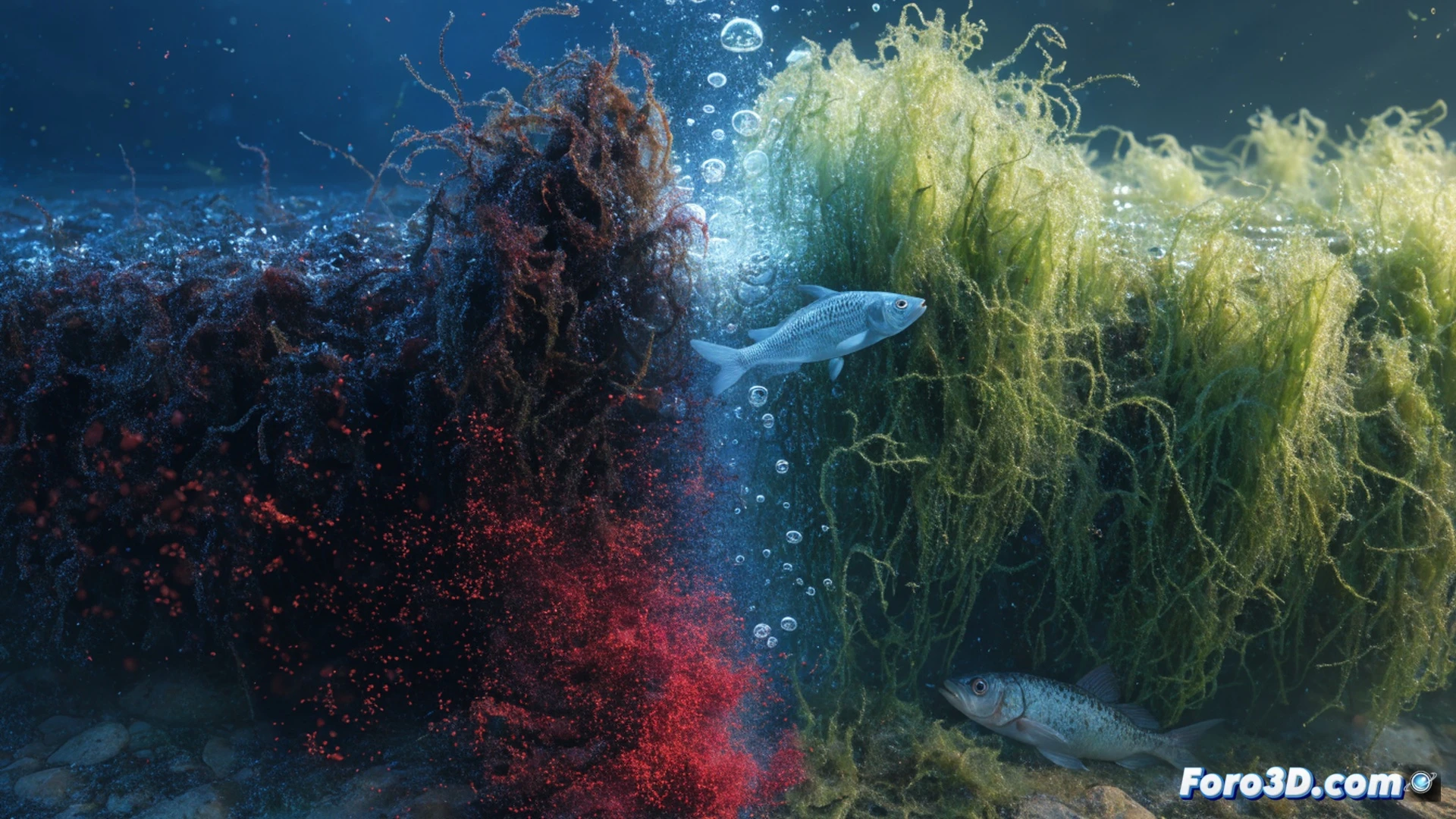 Microscopic view of iron particles reacting with hydrogen peroxide inside a freshwater lake, algal cells rupturing and releasing toxic cyanotoxins into surrounding water, dead fish floating near the surface, laboratory beaker showing the same chemical reaction with glowing reactive oxygen species, photorealistic scientific visualization, dramatic underwater lighting, bubbles forming during the oxidation process, detailed cellular membrane destruction, technical biochemistry illustration style