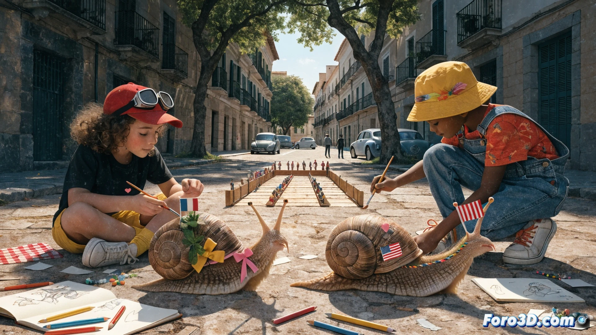 plaza soleada de Algemesí durante el campeonato de carreras de caracoles, niños concentrados personalizando sus caracoles con rotuladores de colores sobre una mesa de madera, circuito de 30 centímetros con vallas rojas y meta señalada, un caracol avanzando lentamente mientras otro es guiado con una hoja de lechuga, fondo de calle adoquinada con toldos blancos y familias observando, photorealistic technical illustration, luz natural de mediodía, textura detallada de conchas y asfalto, profundidad de campo suave, estilo documental familiar