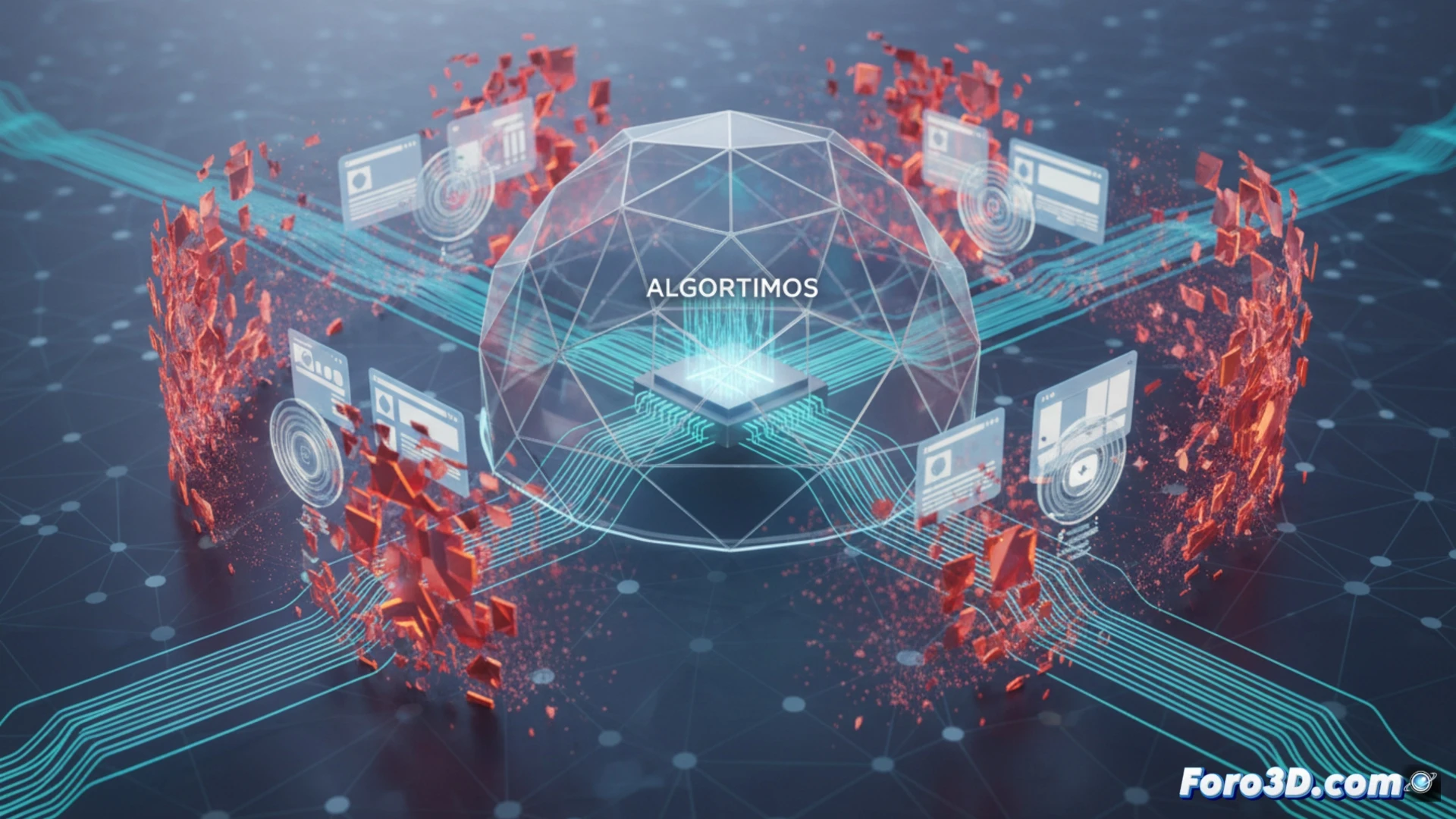Digital platform recommendation engine being recalibrated, glowing neural network nodes dimming as a technician adjusts a central control dial labeled quality over virality, chaotic red data streams of sensationalist content being filtered through a transparent sieve mechanism, clean blue signal paths emerging, technical illustration style, metallic server racks in background, holographic interface showing decreasing polarization metrics, dramatic side lighting, ultra-detailed circuit board textures, photorealistic engineering visualization