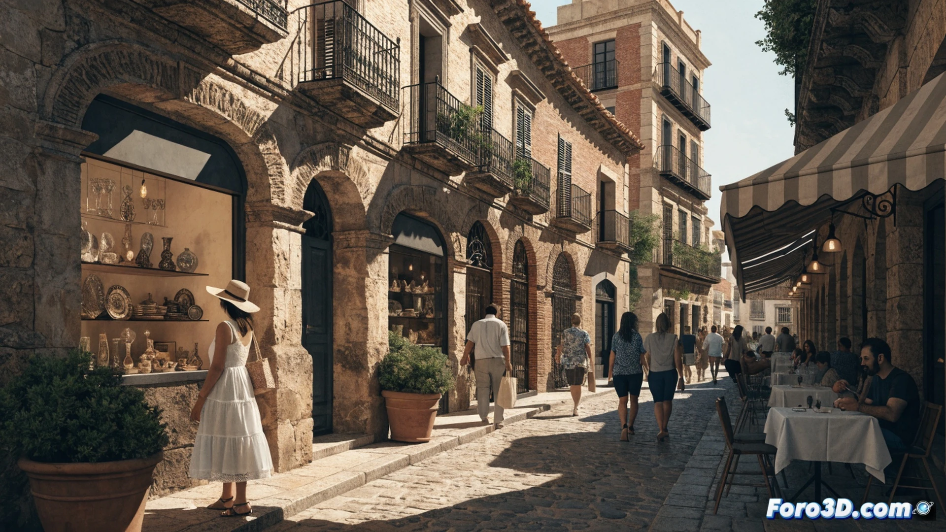 sunlit Andalusian street scene, local shopkeeper handing a promotional flyer to a passing family with shopping bags, storefront displaying summer sale signs and hanging flower baskets, outdoor café terrace with patrons enjoying drinks under striped umbrellas, warm golden hour lighting, cobblestone texture, soft shadows, photorealistic architectural detail, bokeh effect on background storefronts, vibrant Mediterranean colors, cinematic community atmosphere, technical illustration style with clear focal action