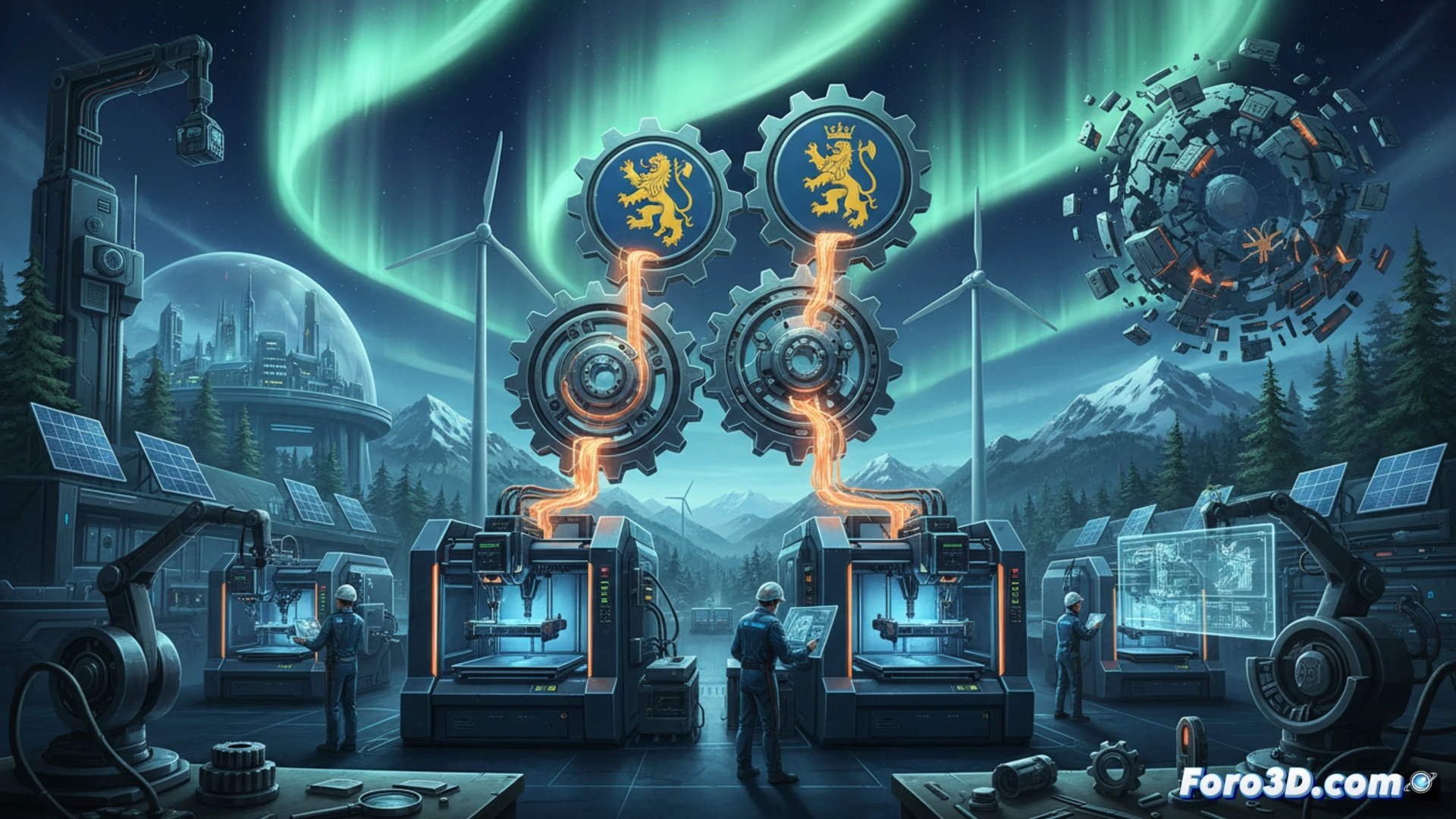 Nordic additive manufacturing hub, four industrial robotic arms simultaneously printing metal turbine blades in a shared cleanroom, glowing orange laser sintering beds showing layer-by-layer construction, engineers monitoring real-time material flow on holographic displays, sustainable energy cables powering the facility, cinematic engineering visualization, cold blue ambient light contrasting with hot print zones, hyper-detailed nozzle mechanisms, metallic powder particles suspended in air, photorealistic technical render