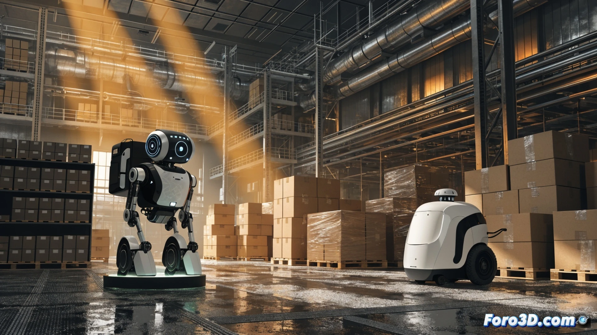 autonomous delivery robot with translucent battery casing revealing internal energy cells, robotic arm lifting a package inside a warehouse while digital interface shows 35-hour runtime countdown, AI navigation lines projected on floor showing path optimization, industrial shelving units with barcode scanners in background, blue LED status indicators on joint actuators, cinematic engineering visualization, metallic chassis with matte finish, motion blur on gripper mechanism, glowing circuit traces visible through side panel, dramatic overhead lighting casting sharp shadows, photorealistic technical render
