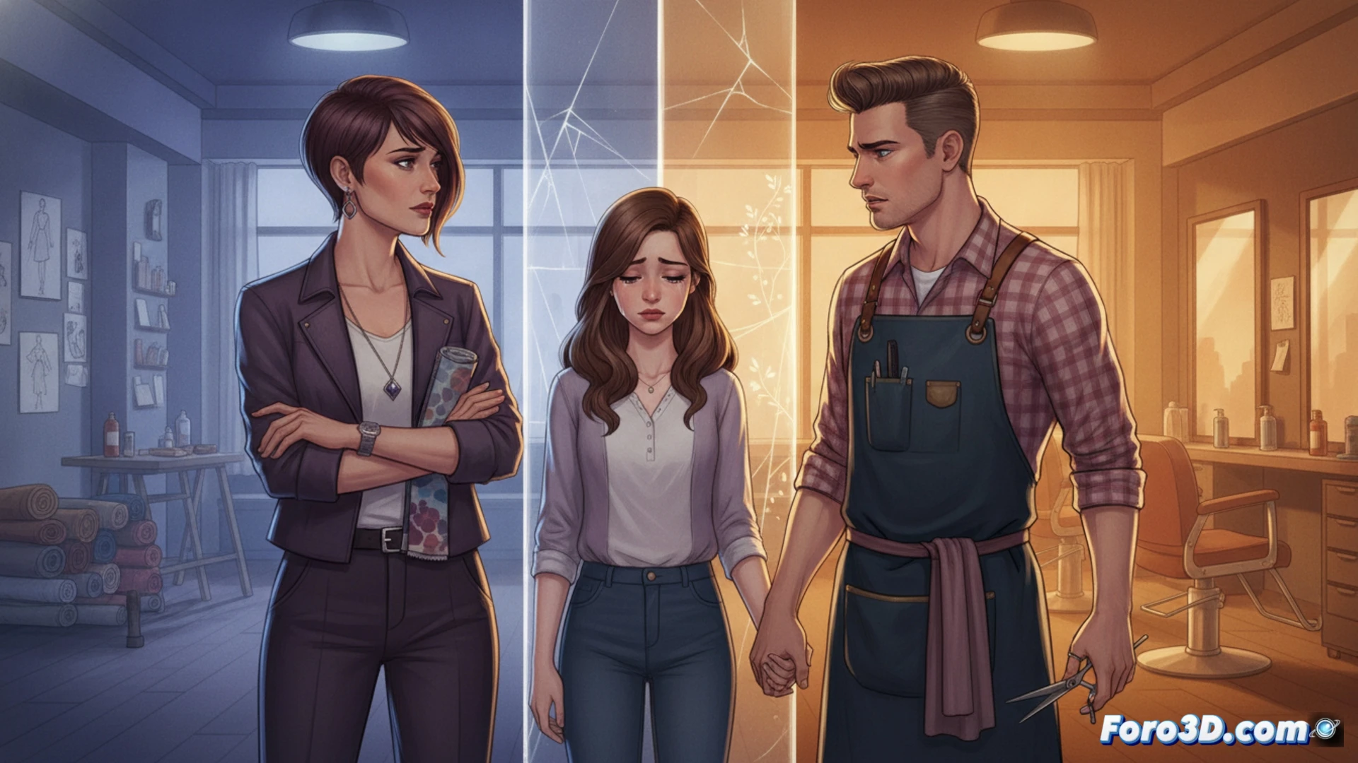 two women and one man in a heated argument inside a modern hair salon, a younger woman with scissors and comb in hand stepping between an older designer holding a tablet and a male hairstylist with a blow dryer, salon chairs and mirrors reflecting tension, hairdressing tools scattered on counter, dramatic shadows from overhead salon lighting, cinematic photorealistic style, emotional confrontation during a styling session, showing fractured friendship through body language, ultra-detailed textures of hair products and salon equipment, realistic skin tones and fabric folds, high contrast lighting