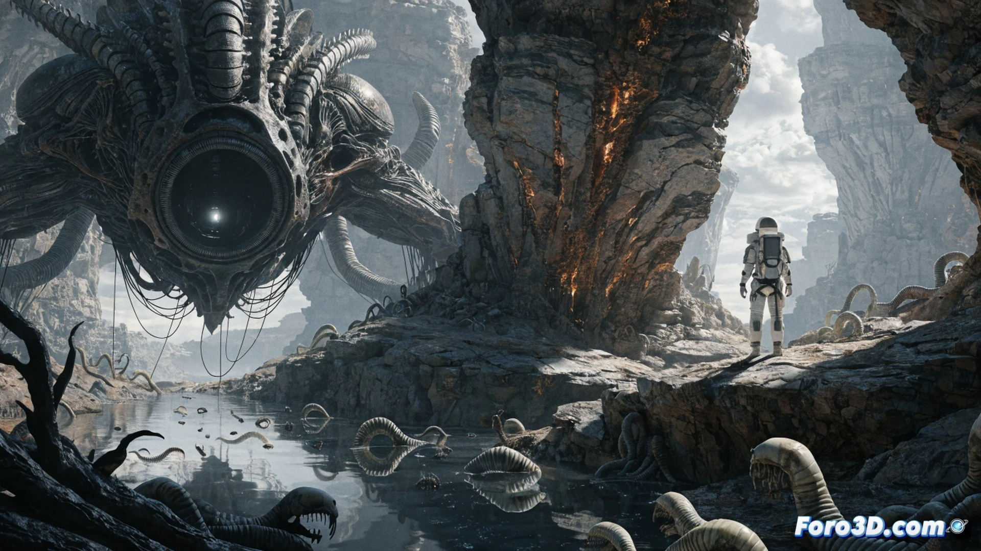 humanoid survivor crouching inside a corroded alien structure on a barren exoplanet, holding a motion tracker with flickering green radar blips, xenomorph silhouette emerging from steam vents in the background, broken machinery and exposed cables around, holographic interface glowing on a wrist-mounted device, cinematic horror atmosphere, photorealistic sci-fi rendering, volumetric fog, cold blue and orange industrial lighting, high-contrast shadows, detailed surface textures on suit and alien exoskeleton, ultra-wide angle lens, intense survival action scene