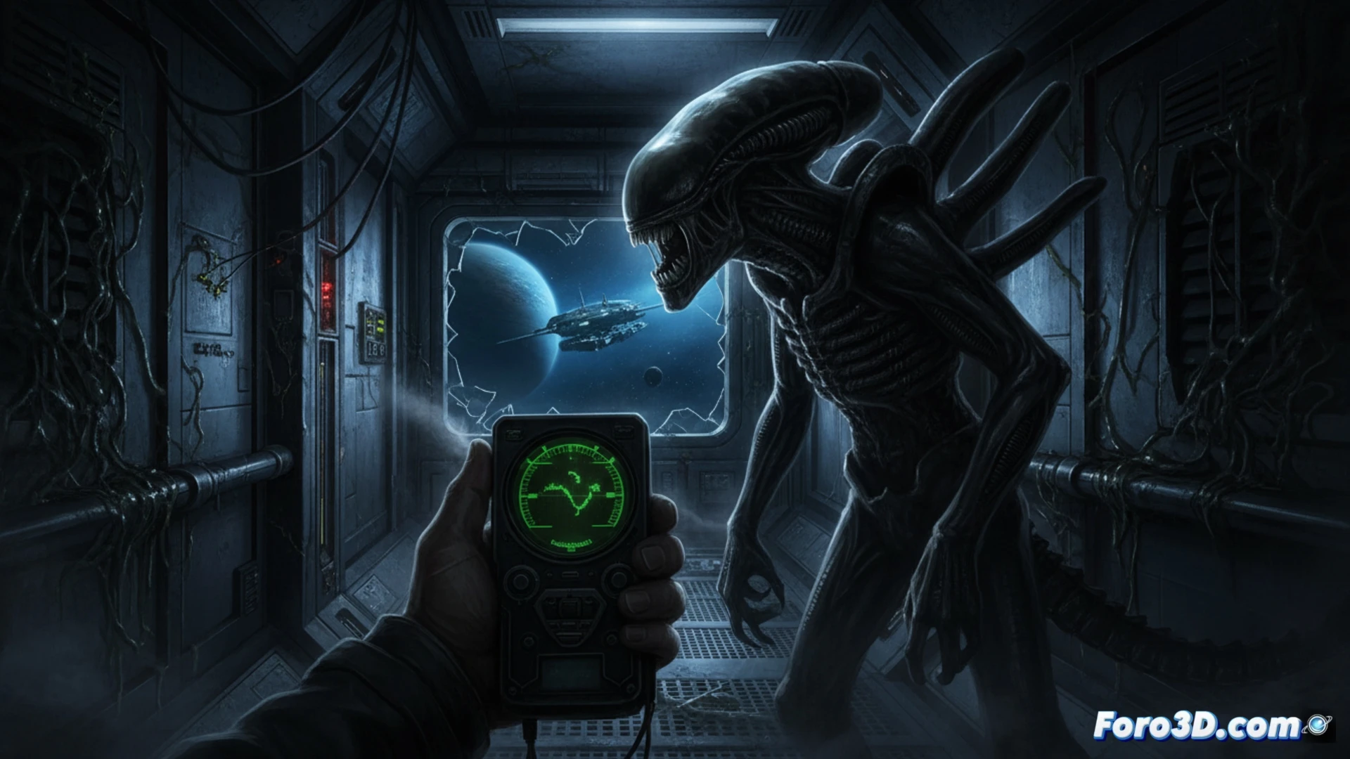 First-person perspective inside a dimly lit space colony corridor, a player character crouches behind a flickering console while a xenomorph stalks past a broken window, motion tracker glowing faintly in hand, sparks from damaged electrical panels casting sharp shadows, cinematic horror lighting with deep blacks and cold blues, photorealistic sci-fi interior, wet metallic surfaces reflecting emergency lights, dense atmospheric fog, ultra-detailed alien textures, dynamic tension showing the moment before detection
