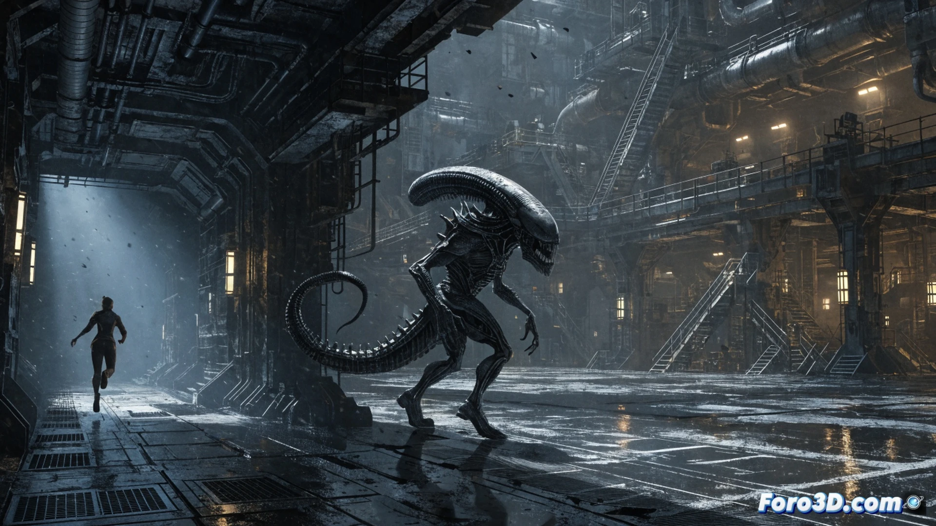 Alien xenomorph stalking through a ruined space station corridor that opens into a vast alien landscape, player character sprinting across cracked metal flooring while holding a motion tracker with blinking red signals, xenomorph adapting its posture mid-chase, shifting from crawling through tight vents to leaping across open rocky terrain, broken glass and debris scattered, cinematic horror visualization, dramatic low-angle lighting casting long shadows, photorealistic sci-fi environment, glowing green emergency lights contrasting with dark organic textures, ultra-detailed creature anatomy showing biomechanical elements, intense action sequence demonstrating predator intelligence