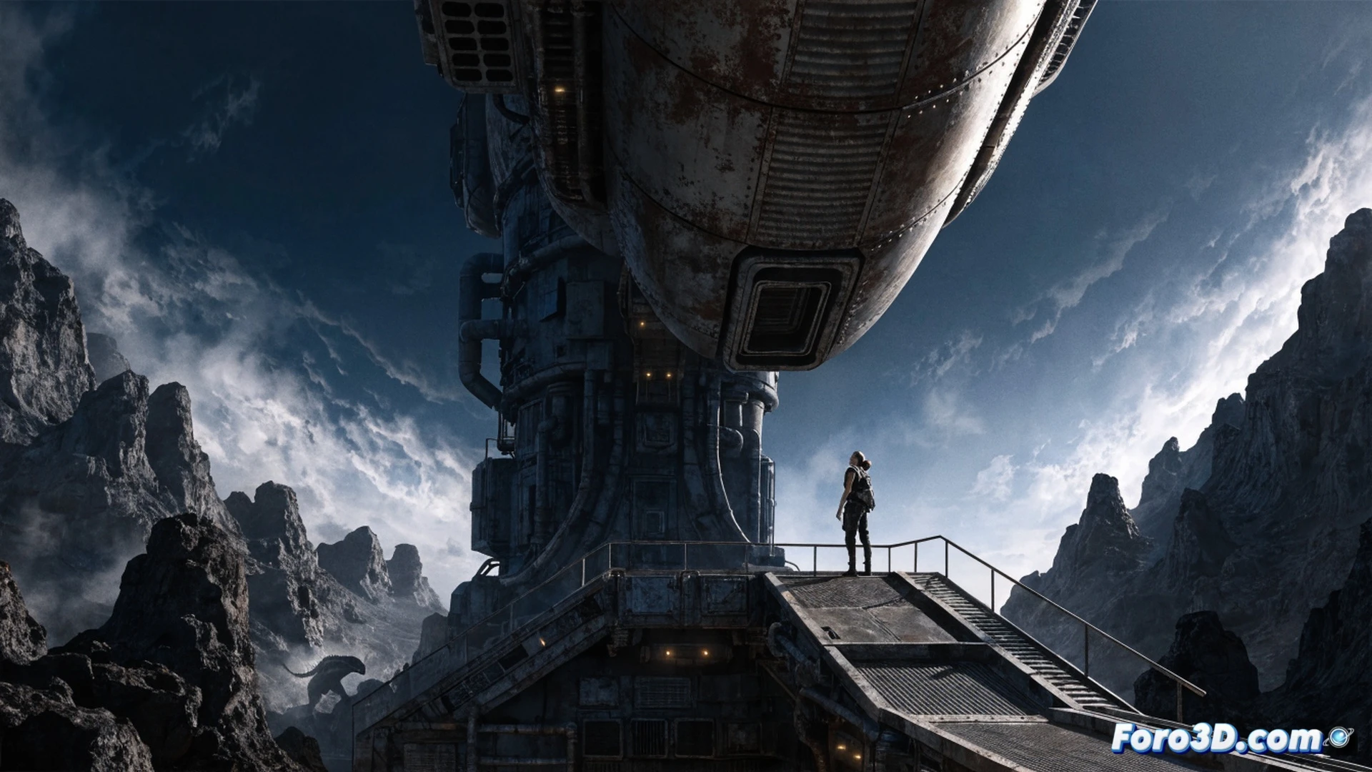 survivor in weathered spacesuit standing on alien planet surface at twilight, holding motion tracker displaying flickering signal, derelict spacecraft wreckage half-buried in rocky terrain behind them, xenomorph silhouette emerging from shadows between two massive corroded industrial airlocks, open sky with toxic green clouds above, cinematic photorealistic horror scene, rusted metallic structures covered in condensation, steam vents releasing mist across the ground, dramatic side lighting from distant explosion, ultra-detailed texture on suit and environment, tense atmosphere with visible breath fog, dark blue and orange color palette, high-contrast volumetric fog