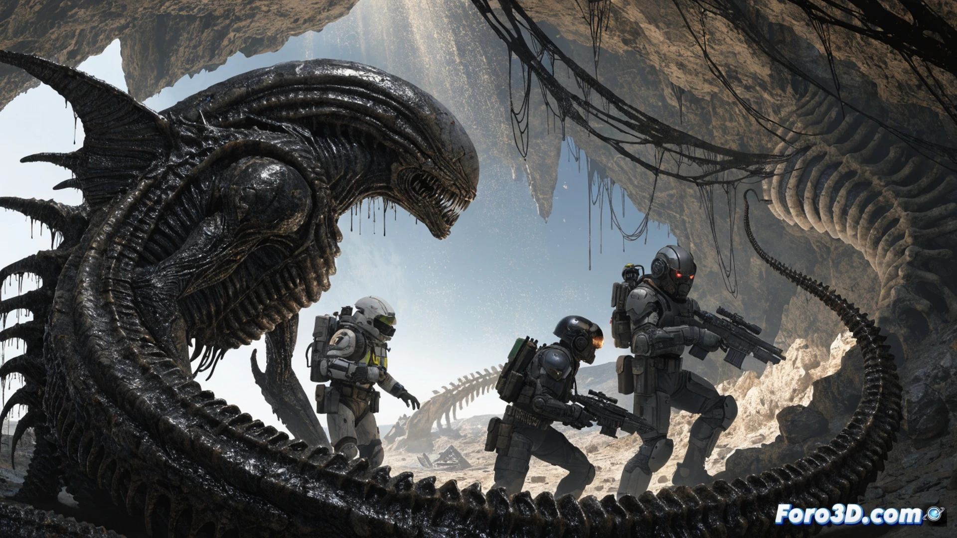 three colonial marines in heavy combat armor breaching a dimly lit corridor on a remote moon base, motion tracker displaying faint blips, pulse rifles raised with muzzle flash effects, acid burns on metal walls, ventilation grates dripping condensation, helmet HUD glowing faintly, cinematic photorealistic style, dramatic low-angle lighting, dust particles suspended in air, tactical gear with pouches and shoulder lamps, tense action scene, dark industrial sci-fi atmosphere, ultra-detailed armor textures, glowing emergency strip lights along walls, broken ceiling panels showing dark crawlspace, wet floor reflecting red warning lights
