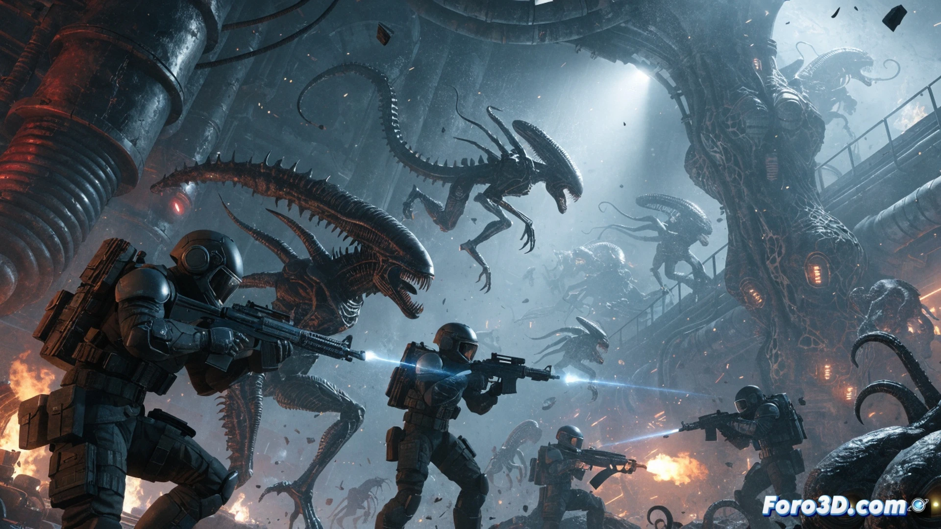 four marines in tactical gear firing plasma rifles at a swarm of alien xenomorphs in a narrow corridor, holographic tactical display showing four player positions and enemy heat signatures, motion tracker blips and ammo counters on wrist-mounted screens, sparks flying from damaged wall panels, smoke and muzzle flash illuminating the scene, cinematic photorealistic engineering visualization, dynamic action pose, dramatic low-angle lighting, ultra-detailed armor textures, alien blood splatter, glowing green acid burns on metal floor, realistic chaos with balanced composition