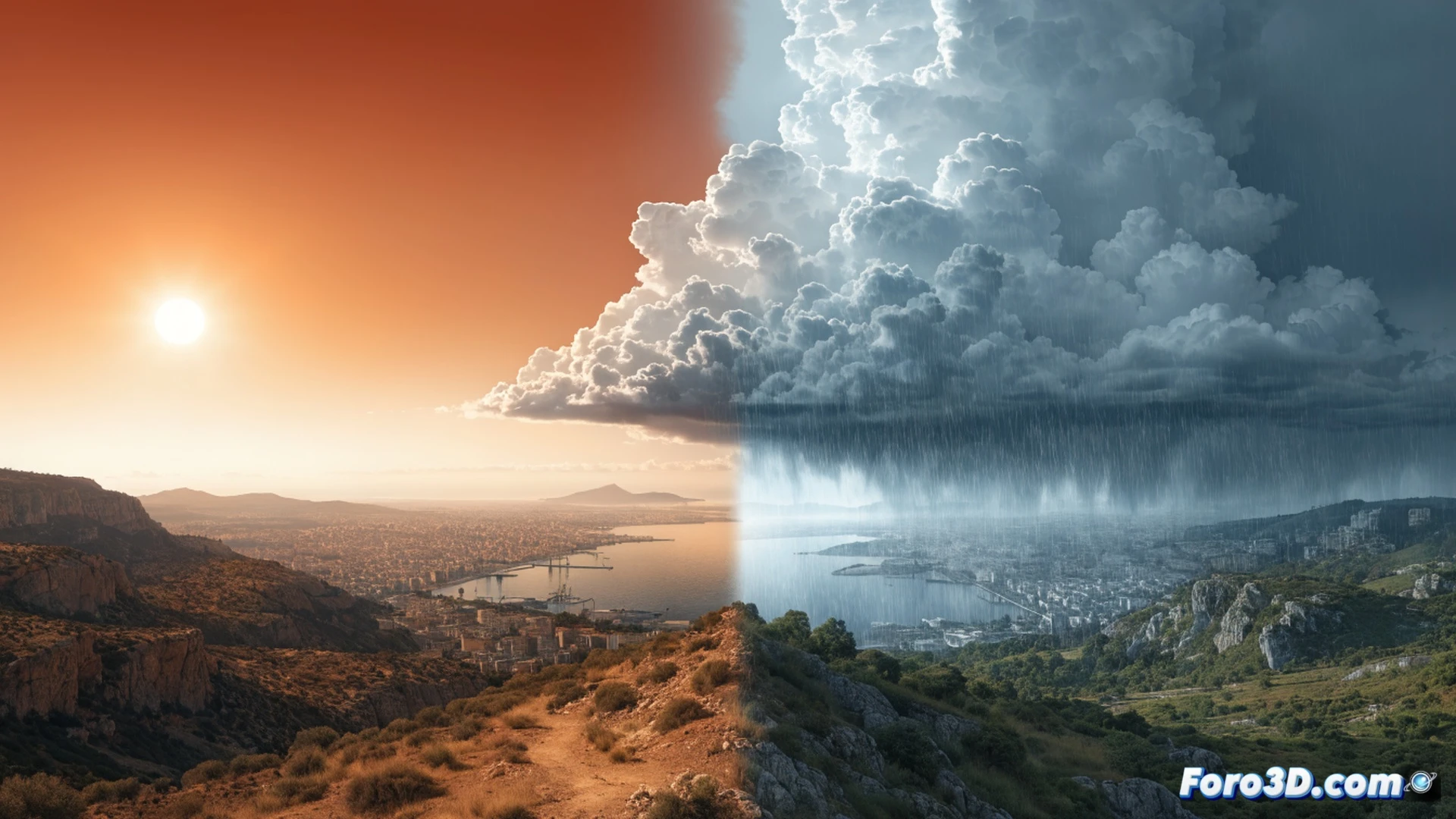 Cinematic aerial view of a cracked ceramic oven floor glowing with residual heat, while a massive digital thermometer display shows numbers rapidly dropping from 44 to 29, cool blue mist sweeping in from the left side of the frame, overtaking red-hot thermal waves, metallic weather station components with anemometer and sensor array in foreground, condensation forming on glass surfaces, photorealistic technical visualization, dramatic contrast between scorched earth and approaching fog, high-contrast lighting, ultra-detailed texture on oxidized metal parts, motion blur on cooling vapor trails