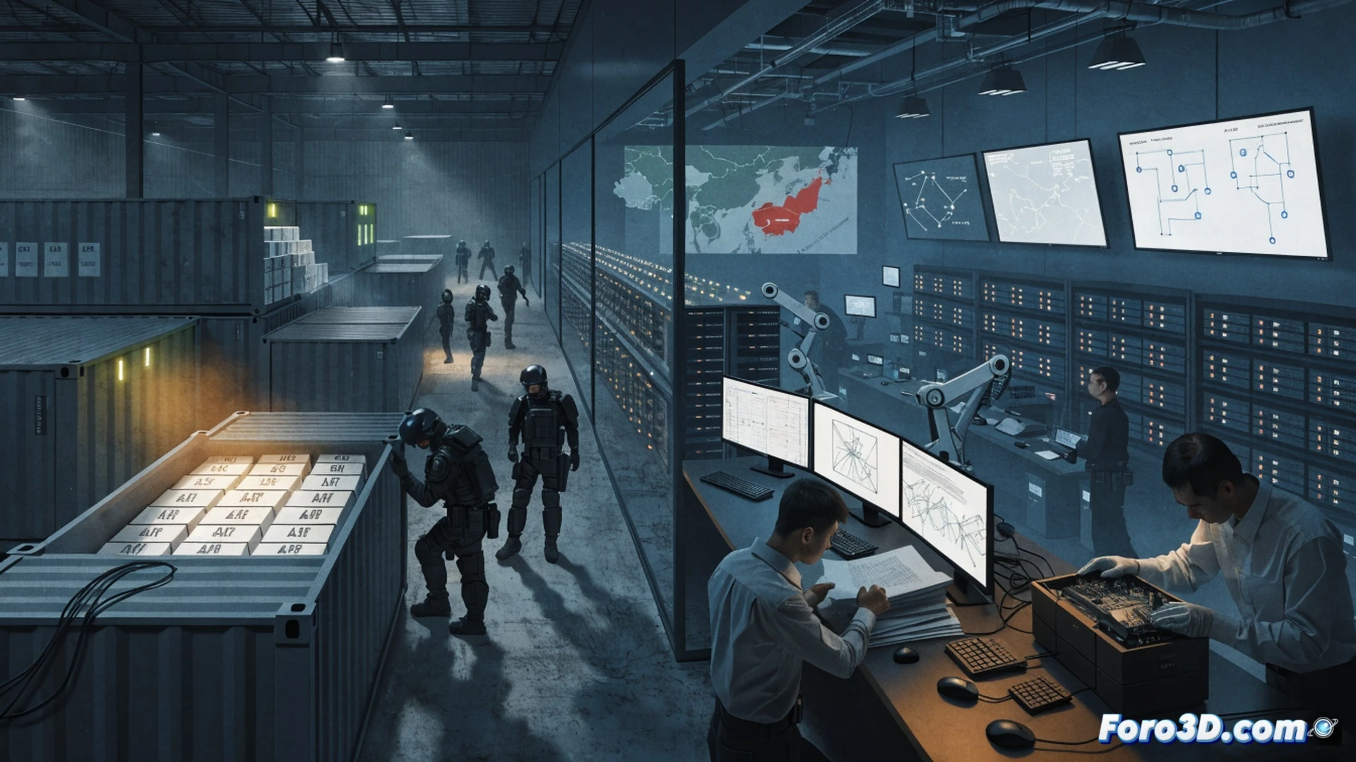 Photorealistic technical illustration of a raid operation in a high-tech warehouse, forensic investigators in protective gear examining server racks and seized semiconductor wafers, glowing microchips labeled AI accelerator models being catalogued under UV light, customs documentation and shipping manifests scattered on a metal table, industrial shelving filled with networking hardware, dramatic overhead lighting casting sharp shadows, ultra-detailed circuit board textures, cinematic security camera angle, tense atmosphere with blue and amber warning lights