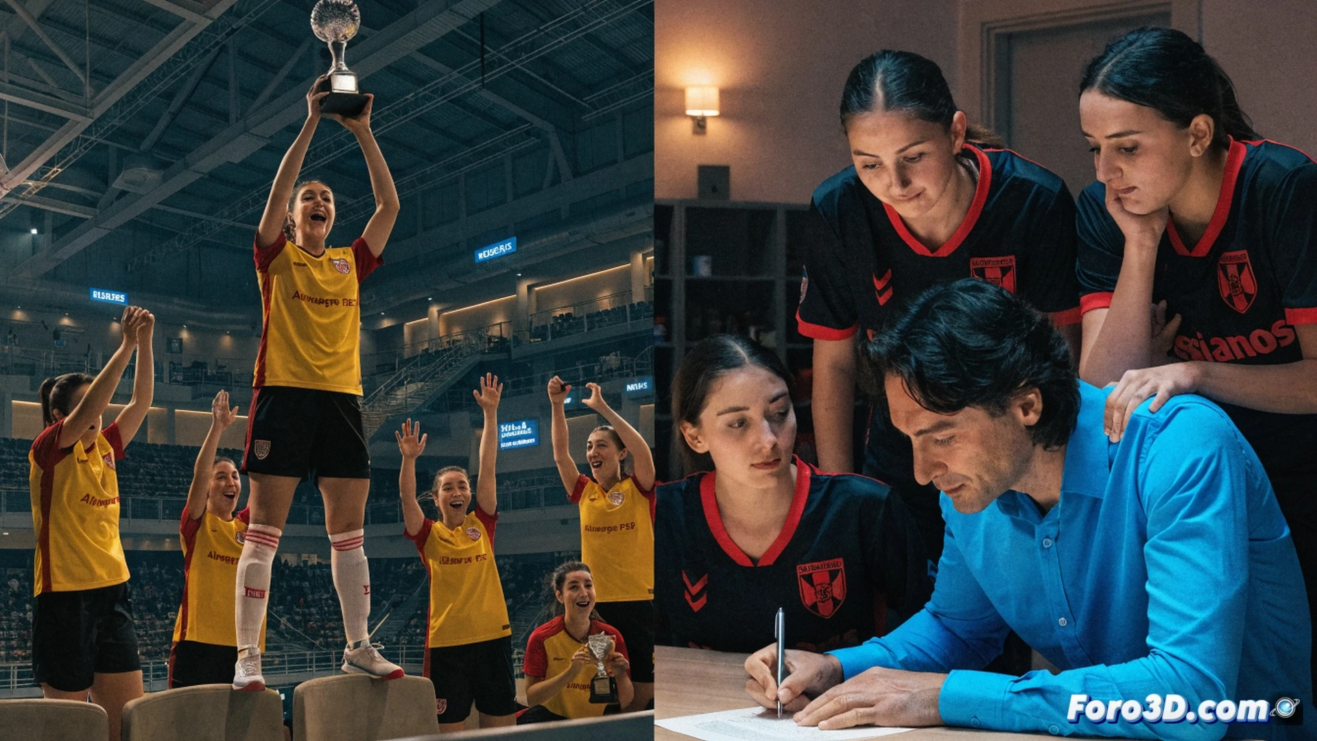 futbolista femenina con camiseta de Almagro FSF pateando un balón en una cancha moderna de Las Rozas, fondo con gradas vacías y marcador digital apagado, entrenador Óscar Horna señalando una pizarra táctica con diagramas de jugadas, balón en movimiento con estela de velocidad, luz de estadio artificial, textura de césped sintético, estilo cinematográfico realista, fotograma congelado en acción de disparo, detalles de costuras del balón y marcas del campo, composición dinámica con profundidad de campo.