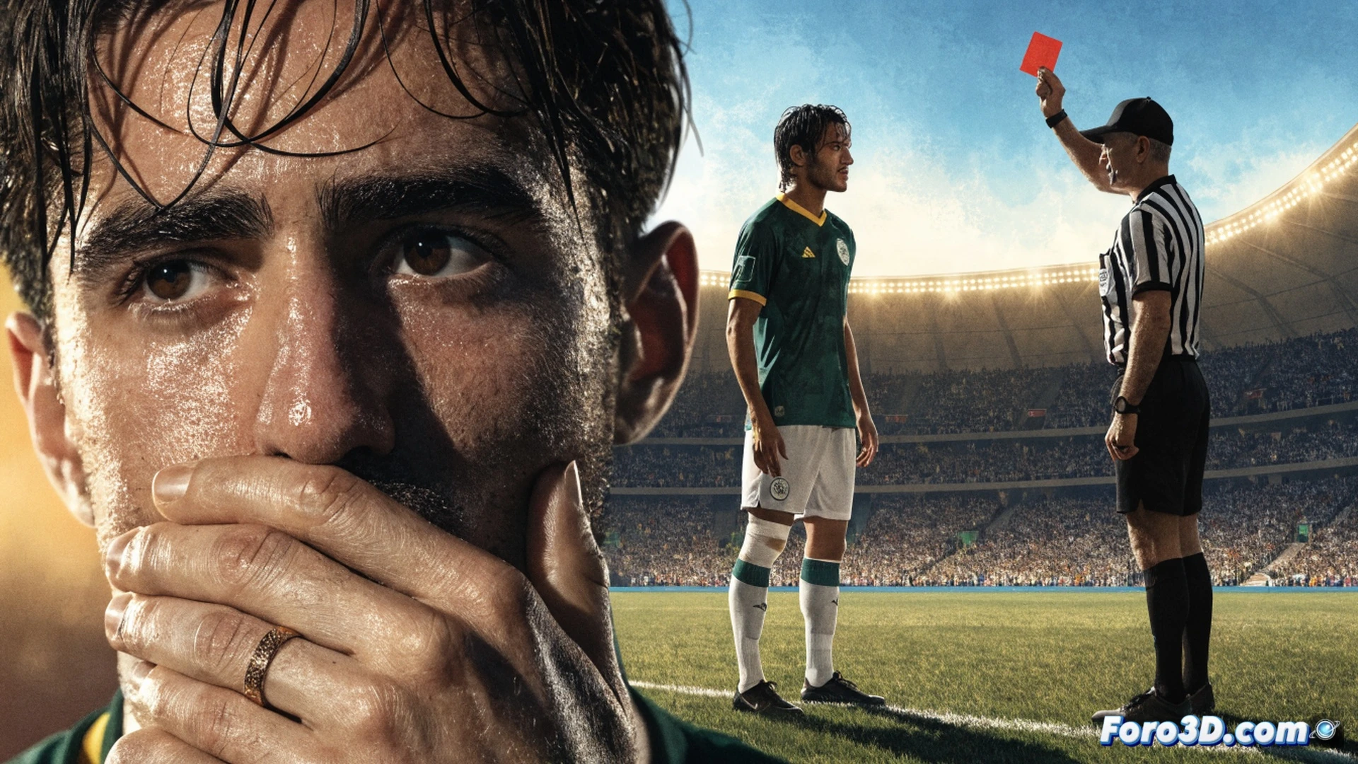 football player Miguel Almiron covering his mouth with both hands while speaking to an opponent on a grassy pitch, red card held high by referee, stadium crowd in background, FIFA logo on sideline board, cinematic sports photography style, dramatic low-angle shot, intense facial expressions, bright floodlight beams cutting through evening air, motion freeze capturing action, photorealistic technical render, ultra-detailed grass textures and jersey fabric wrinkles