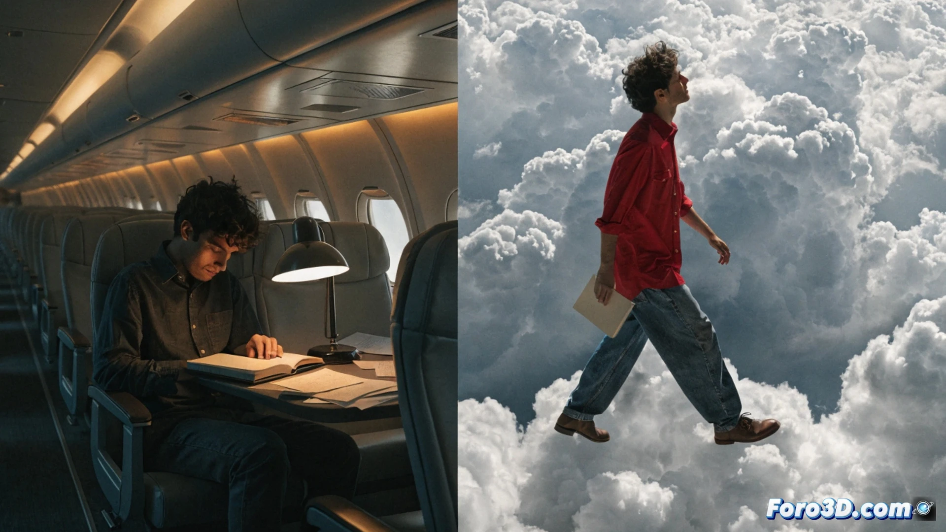 Pedro Almodóvar sentado en un asiento de avión de cabina ejecutiva, sosteniendo un bolígrafo sobre una libreta abierta con páginas en blanco, mientras la luz del amanecer entra por la ventanilla iluminando su rostro pensativo, una nube solitaria visible en el cielo azul, cables USB y un cargador portátil conectado a un teléfono en la bandeja plegable, un pequeño ventilador de turbina en el reposabrazos simulando flujo de aire, mostrando el proceso de escritura interrumpido por bloqueo creativo, estilo cinematográfico fotorealista, composición simétrica, sombras suaves y textura metálica del interior del avión, enfoque nítido en la libreta y el bolígrafo, atmósfera introspectiva y dramática