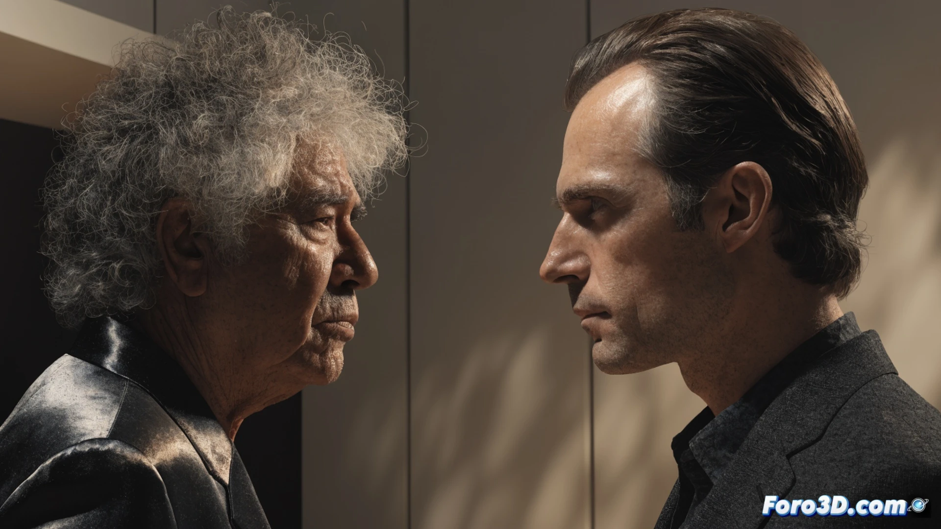 Pedro Almodóvar y Rodrigo Sorogoyen de pie en el escenario de la Academia de Cine en Madrid, sosteniendo micrófonos frente a una pantalla de cine iluminada, mientras un proyector técnico muestra los títulos Amarga Navidad y El Ser Querido, audífonos de audiodescripción y dispositivos de subtitulado automático visibles en butacas accesibles, coloquio en vivo con público diverso, estilo cinematográfico realista, iluminación cálida de sala de cine, detalles de equipos de proyección y sonido, fotogramas de películas en pantalla, atmósfera cultural y acogedora, photorealistic technical illustration