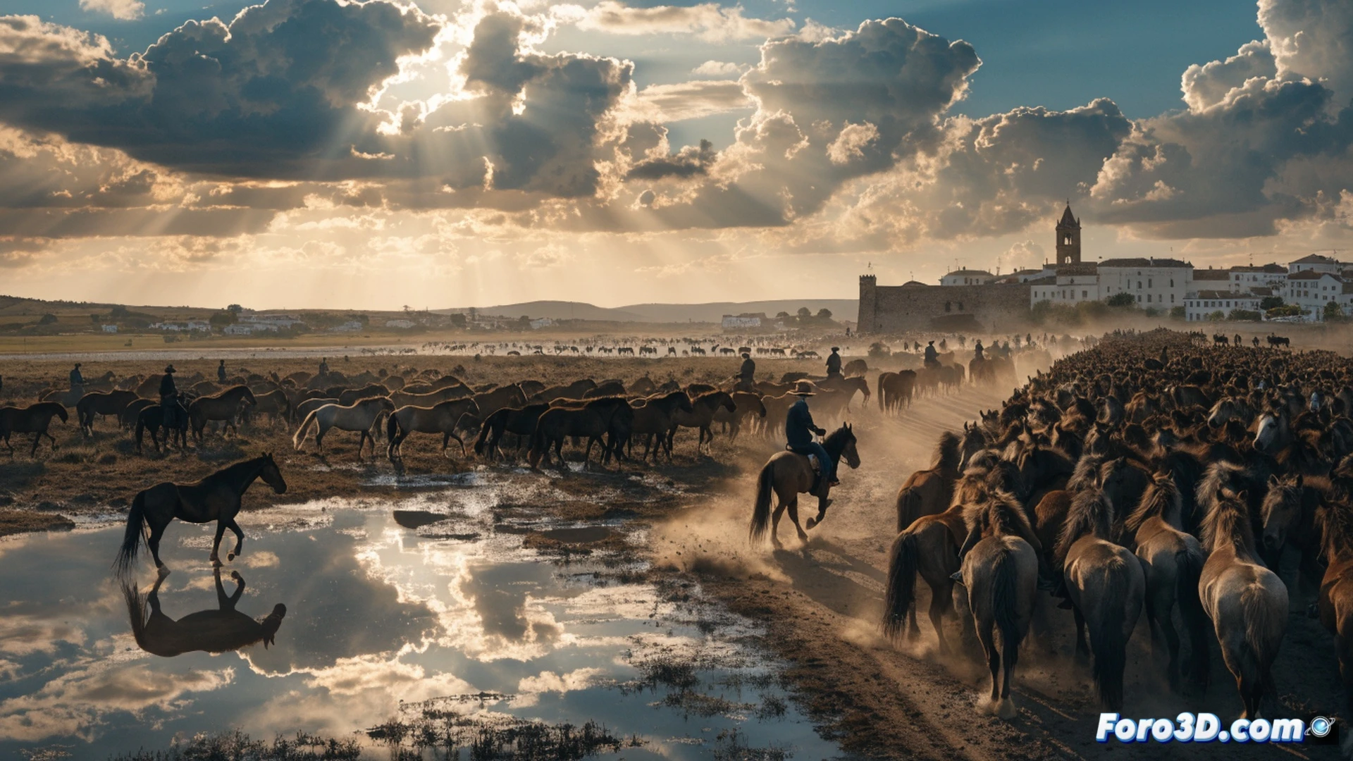 Caballo marismeño en primer plano durante la Saca de las Yeguas, yeguas y potros cruzando una calle empedrada de Almonte al atardecer, jinetes con garrochas y vestimenta tradicional guiando la manada, polvo levantado por los cascos, movimiento de crines al viento, fondo de casas blancas andaluzas con rejas, luz dorada de junio, estilo cinematográfico fotorrealista, textura de piedra y tierra, alta definición, composición épica con profundidad de campo