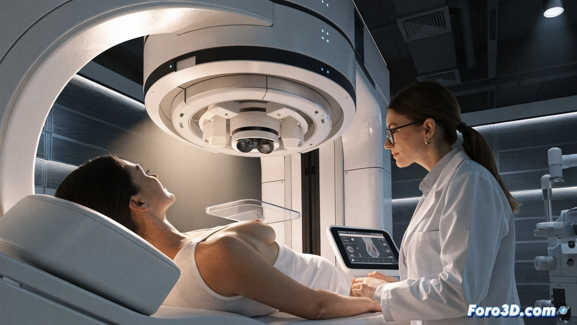 Photorealistic medical scene inside a bright health center examination room, a female patient standing in front of a modern 3D mammography machine with robotic arm and digital touchscreen interface, a female radiologist positioning the compression paddle while demonstrating the scanning process, soft clinical lighting illuminating the white equipment and blue medical gown, wall-mounted monitor showing a detailed breast tissue scan with cross-sectional layers, no text or numbers visible, cinematic wide-angle shot emphasizing the advanced medical technology and comfortable patient interaction, ultra-detailed plastic and metal surfaces, clean sterile environment, realistic shadows and reflections