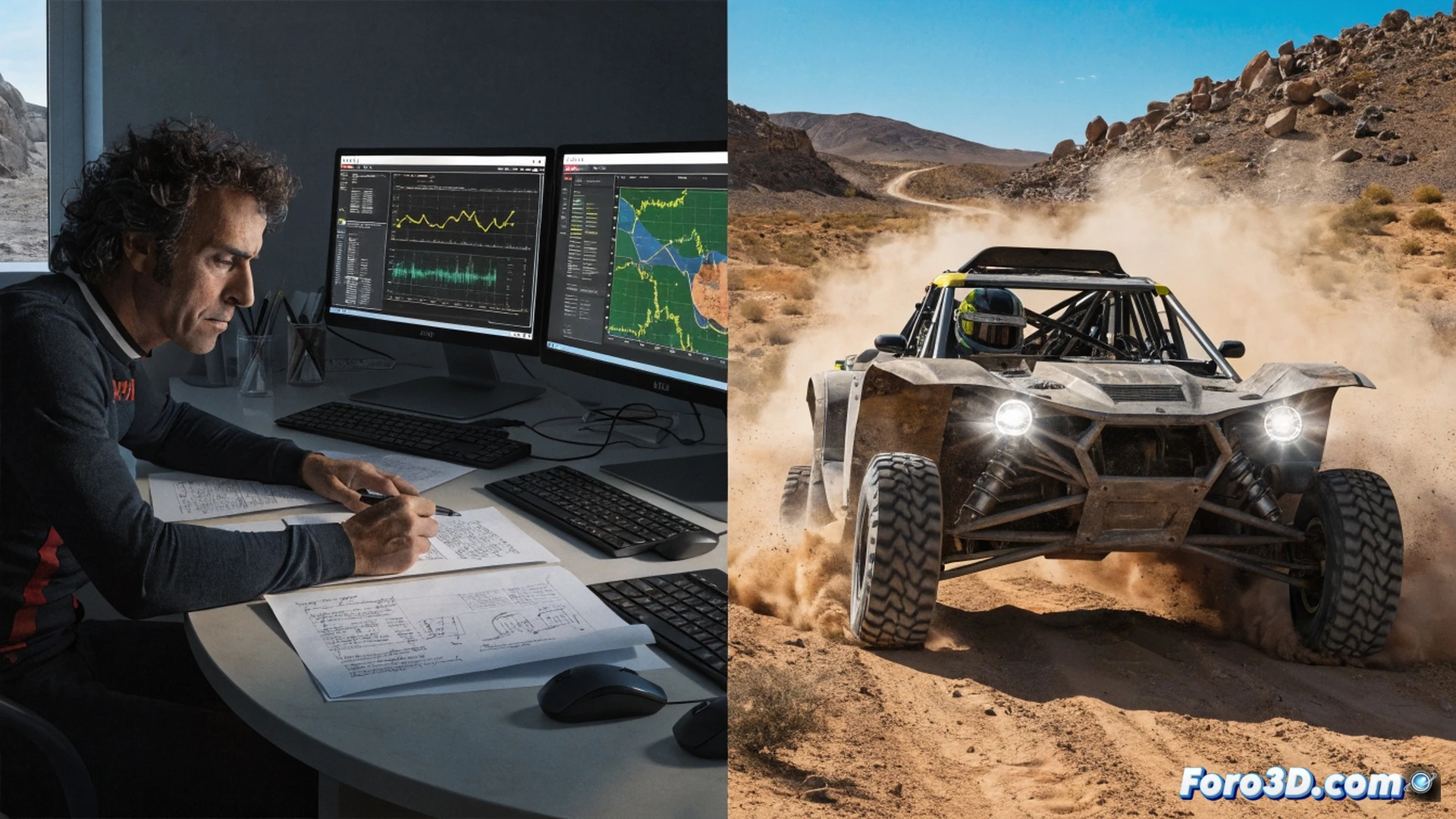 Fernando Alonso en un simulador de rally todoterreno, manos girando el volante mientras gráficos de dunas y rocas aparecen en pantallas curvas, cascos y mapas topográficos sobre una mesa cercana, cronómetro digital marcando tiempo de vuelta, fondo con un Toyota Hilux T1+ parcialmente desmontado, herramientas de ingeniería esparcidas, iluminación de estudio cinematográfica, estilo foto realista técnico, texturas metálicas y de carbono detalladas, ambiente de preparación intensa.