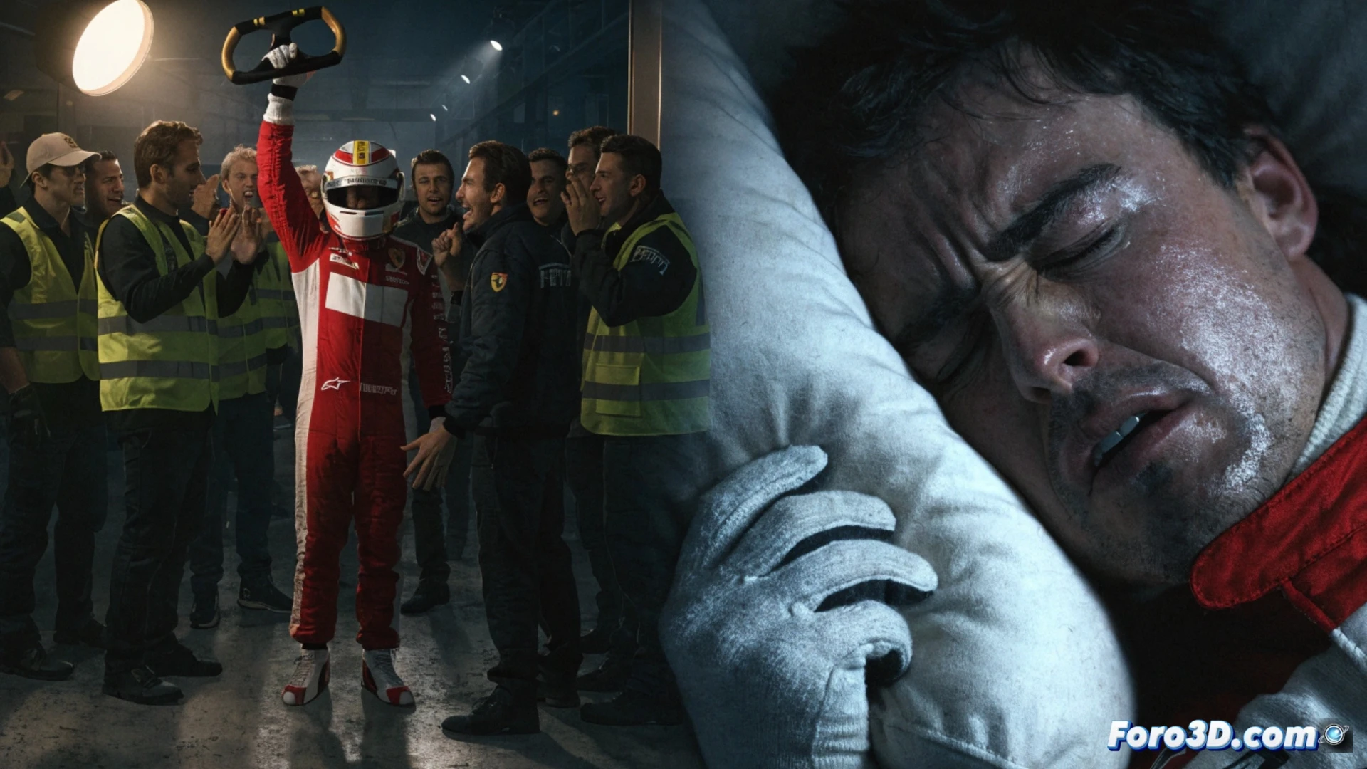Fernando Alonso sitting on a pit wall at dusk, staring at a glowing timing monitor showing pole position data from 2006 Spanish GP, a single bead of sweat on his temple, helmet visor reflecting the grandstand crowd, hands gripping a steering wheel with worn leather, tension in his jaw, cinematic photorealistic engineering visualization, deep blue and orange Spanish sunset light, motion blur on distant racing cars, metallic reflections on carbon fiber cockpit, pressure visualized as subtle heat haze around his shoulders, ultra-detailed technical render